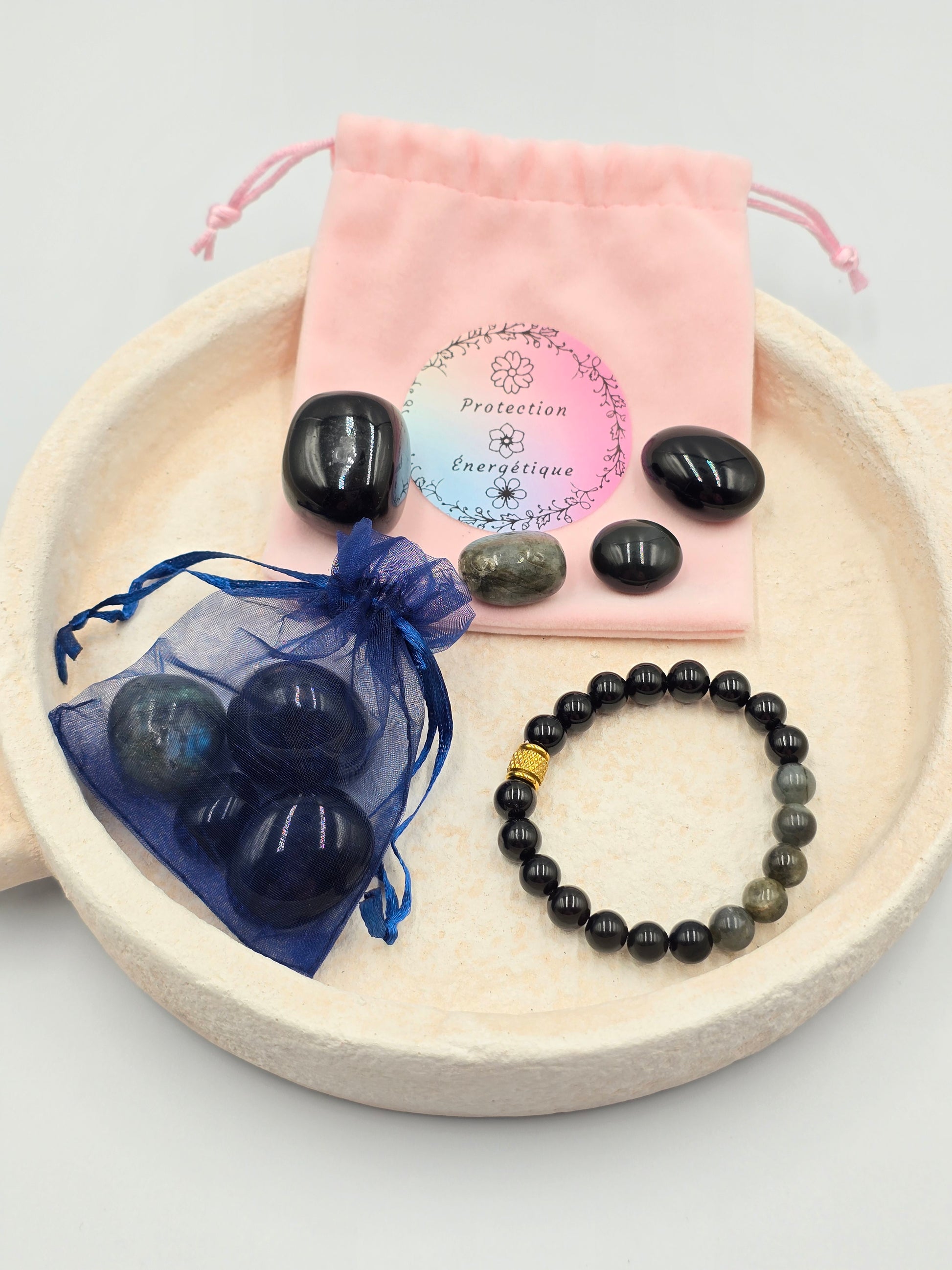 Rituel Complet Protection énergétique - Labradorite et Tourmaline- Pochon & Bracelet