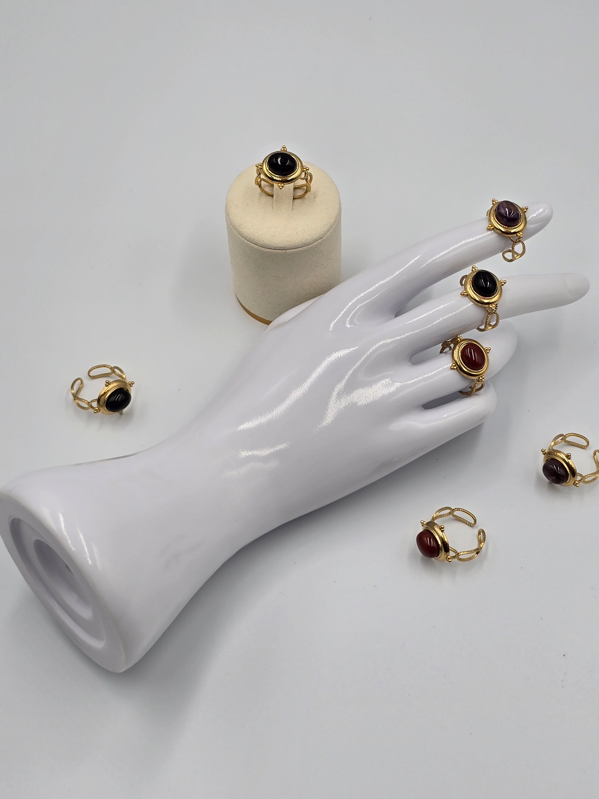 Bague Medina Ajustable Dorée - Améthyste Cornaline Onyx - Lithothérapie