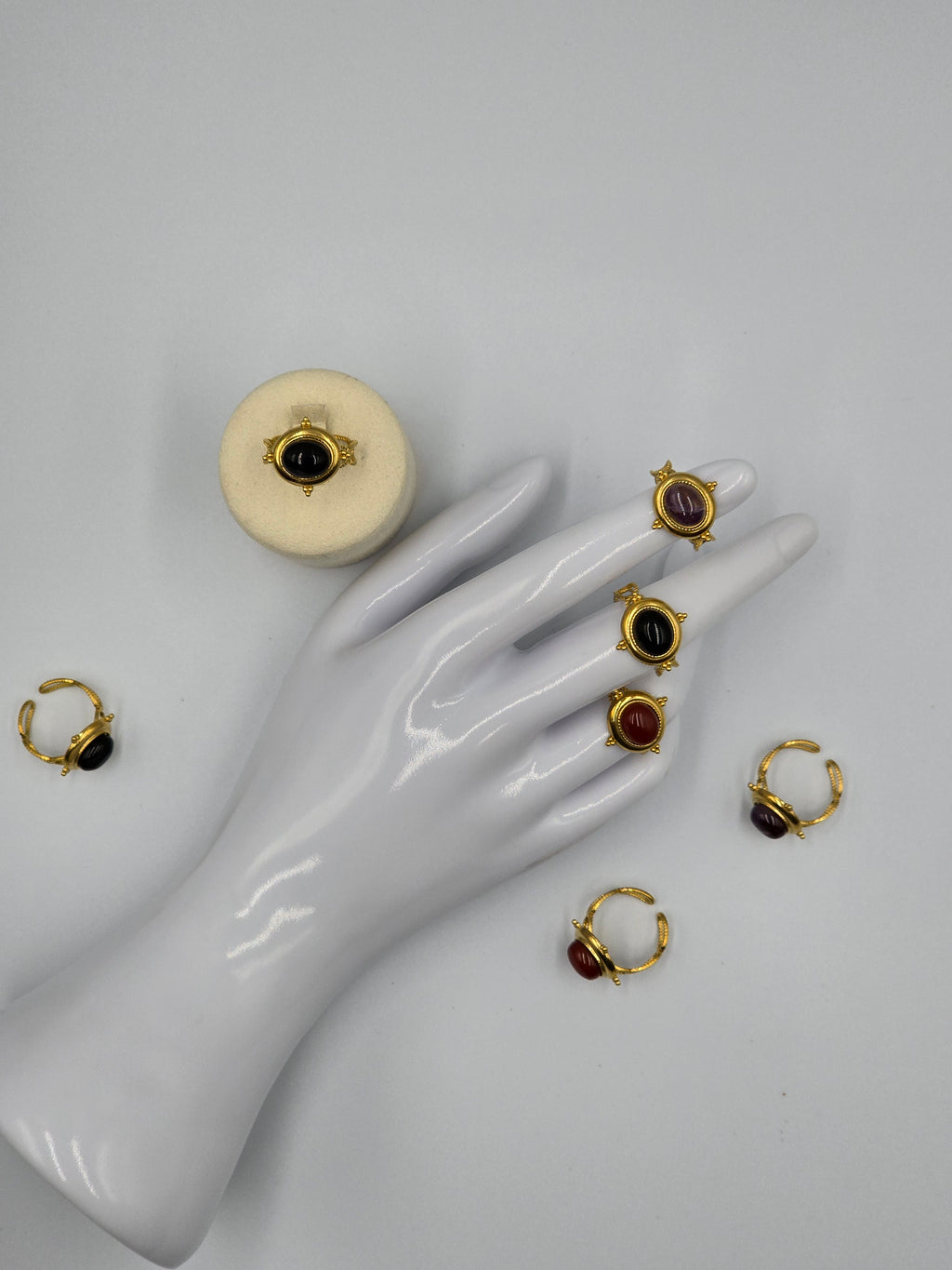 Bague Medina Ajustable Dorée - Améthyste Cornaline Onyx - Lithothérapie