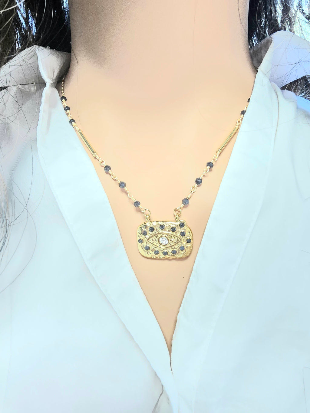 Collier Edy  - Œil Porte-Bonheur Strass & Pierres Naturelles | Talisman Bohème Or et Ame Bijoux