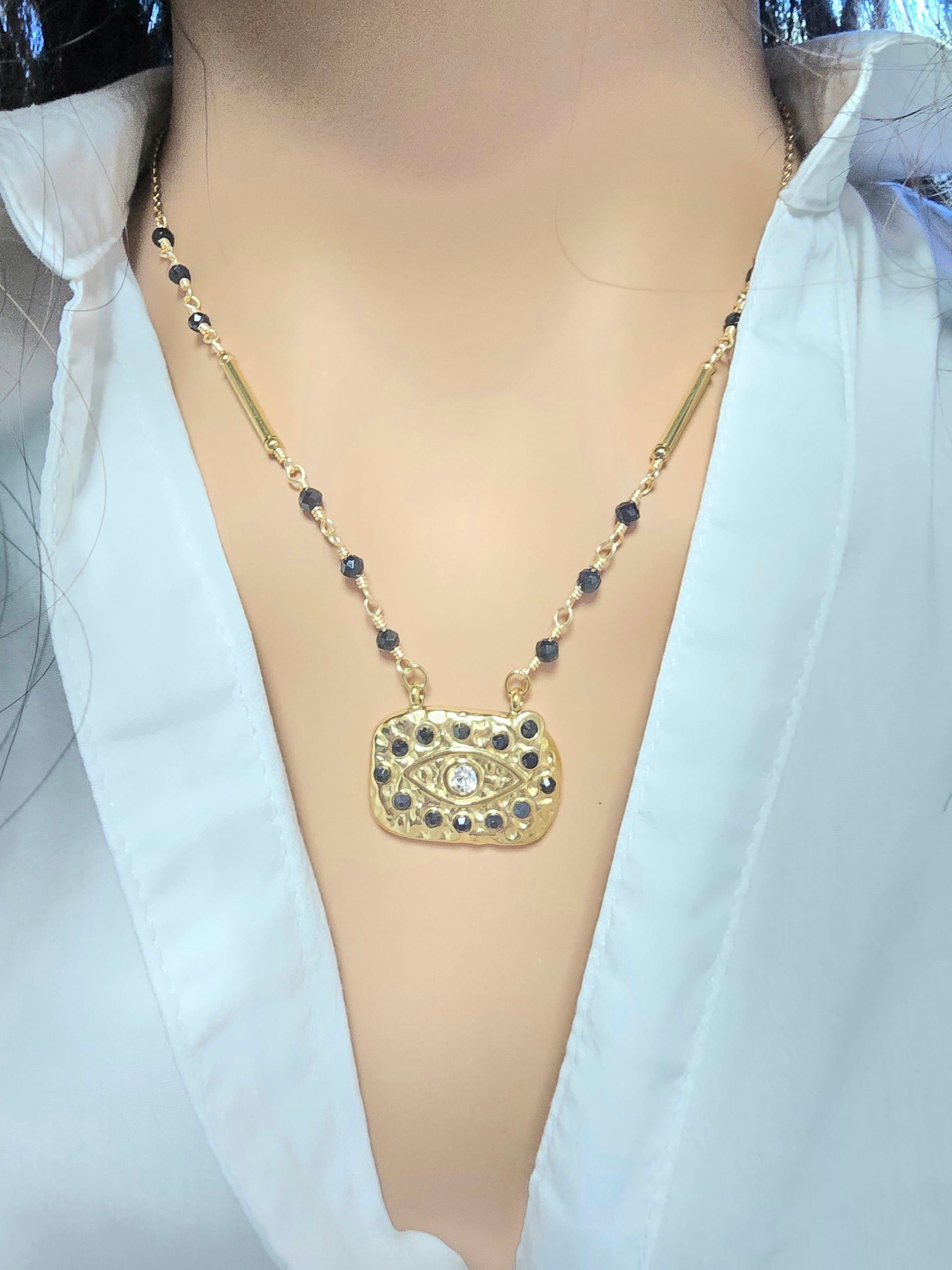 Collier Edy  - Œil Porte-Bonheur Strass & Pierres Naturelles | Talisman Bohème Or et Ame Bijoux