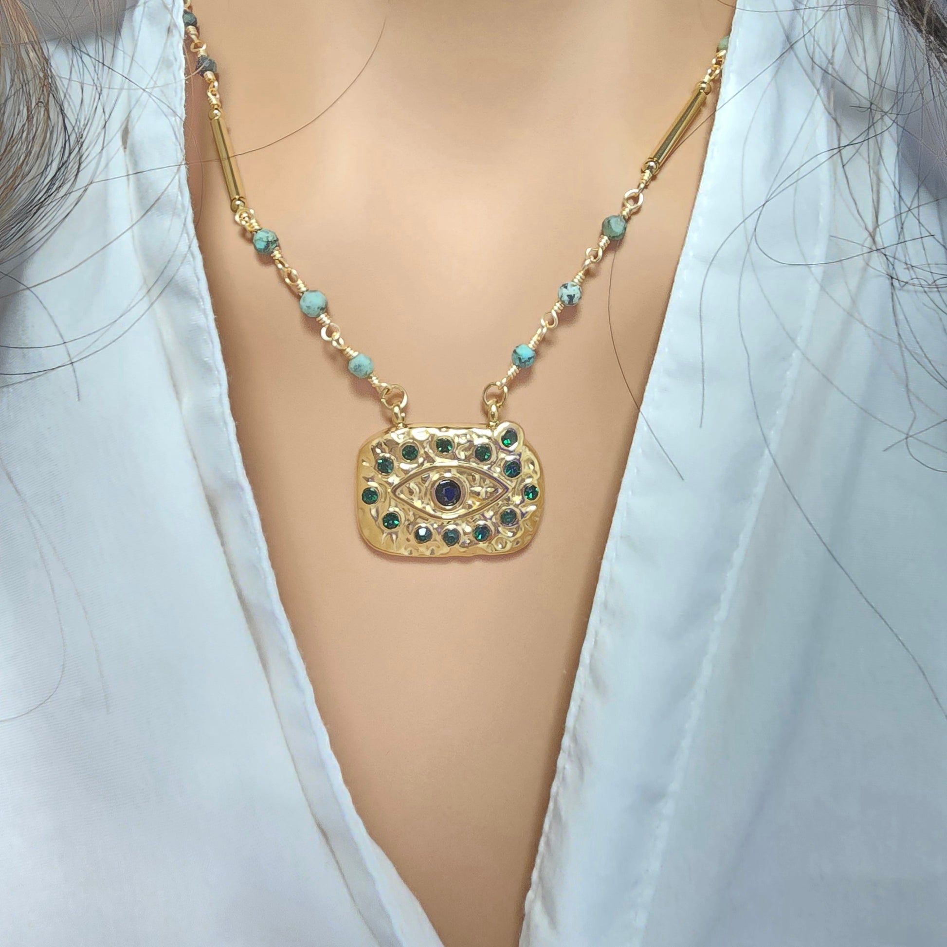 Collier Edy  - Œil Porte-Bonheur Strass & Pierres Naturelles | Talisman Bohème Or et Ame Bijoux