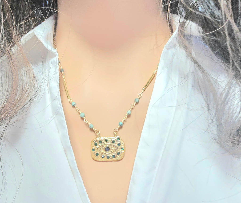 Collier Edy  - Œil Porte-Bonheur Strass & Pierres Naturelles | Talisman Bohème Or et Ame Bijoux