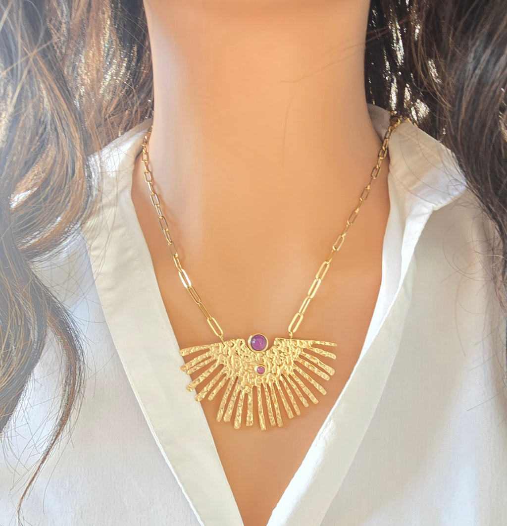 Collier sautoir JANI oeil de tigre aventurine améthyste pierres naturelles
