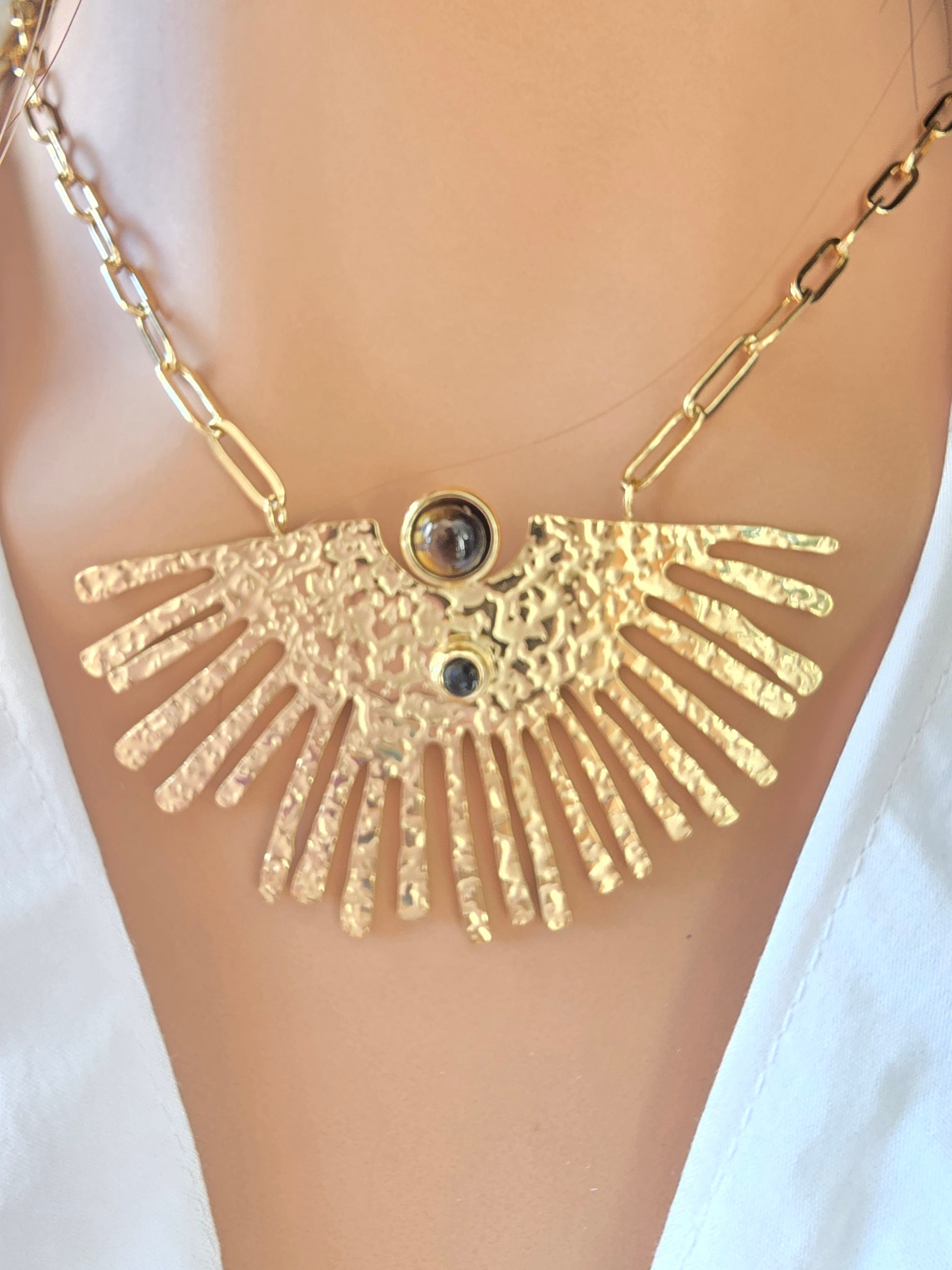 Collier JANI - Sautoir Long Pierres Naturelles Œil de Tigre Aventurine Améthyste Or et Ame Bijoux