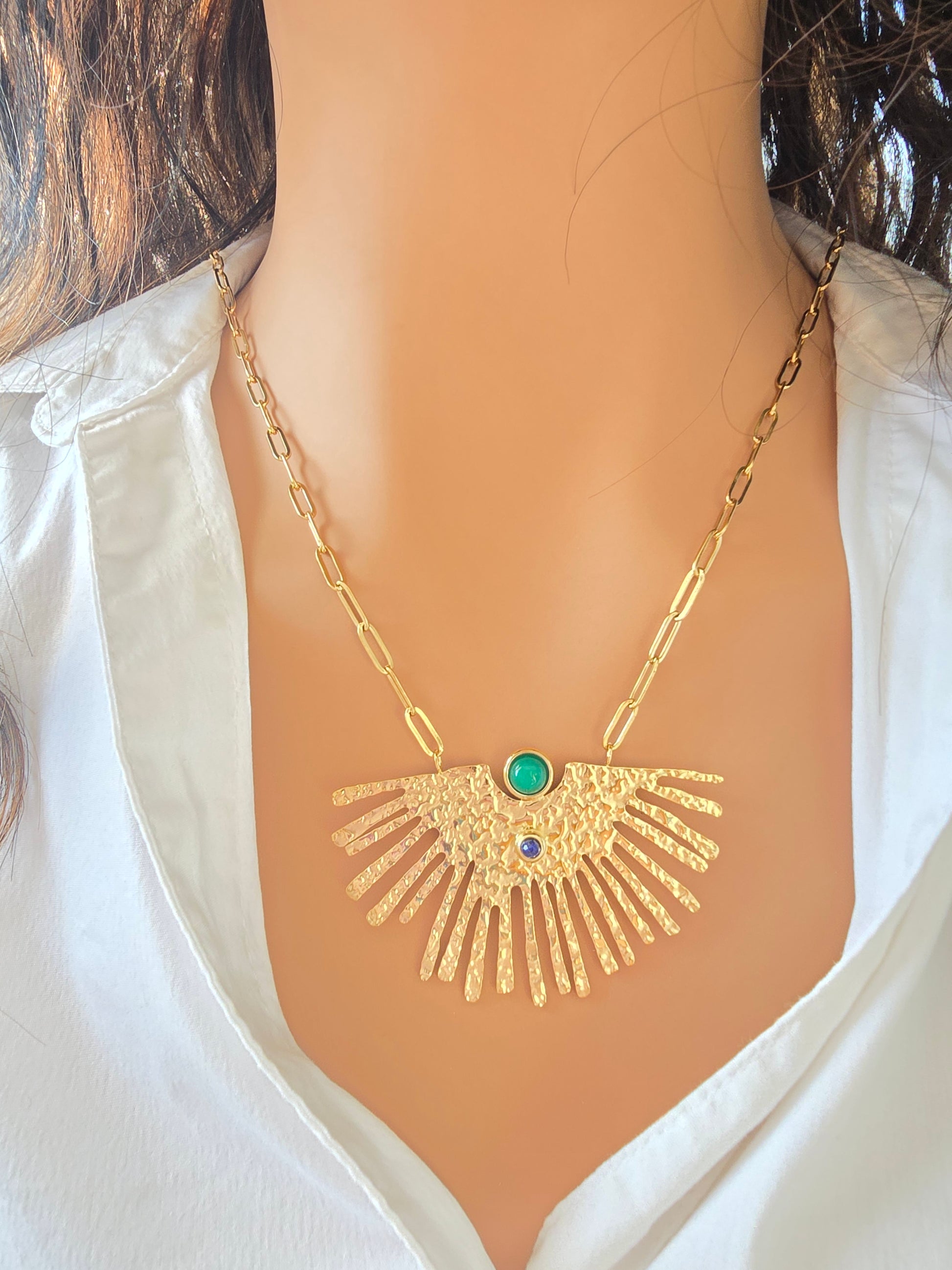 Collier JANI - Sautoir Long Pierres Naturelles Œil de Tigre Aventurine Améthyste Or et Ame Bijoux