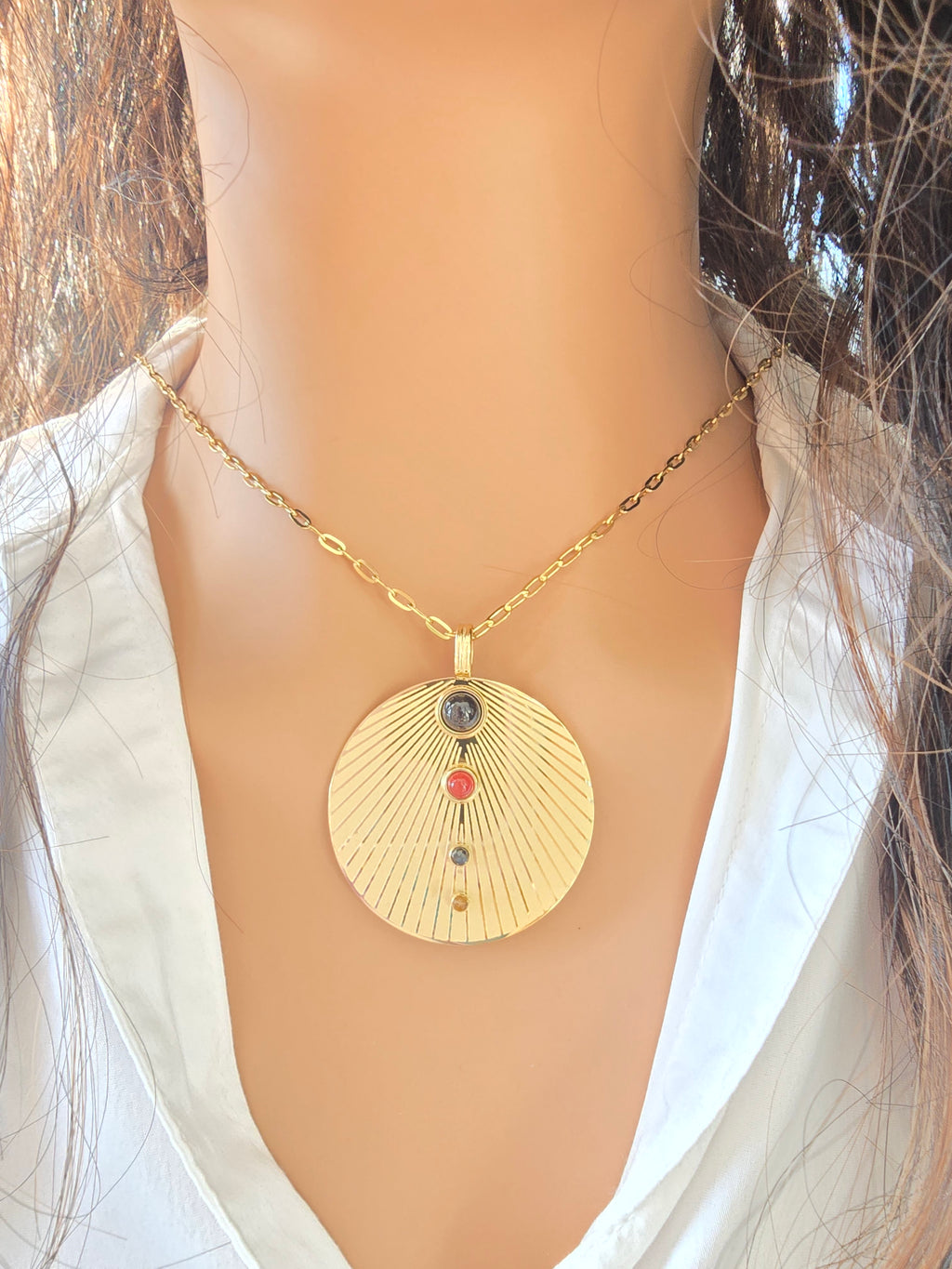 Collier Jack - Sautoir Soleil Rayonnant Œil de Tigre & Agate Bleue | Bohème Or et Ame Bijoux