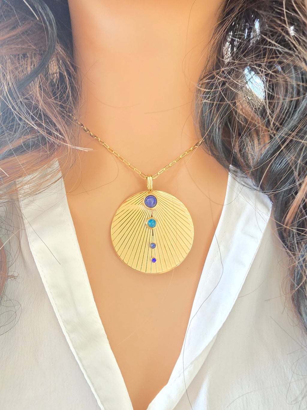 Collier Jack - Sautoir Soleil Rayonnant Œil de Tigre & Agate Bleue | Bohème Or et Ame Bijoux