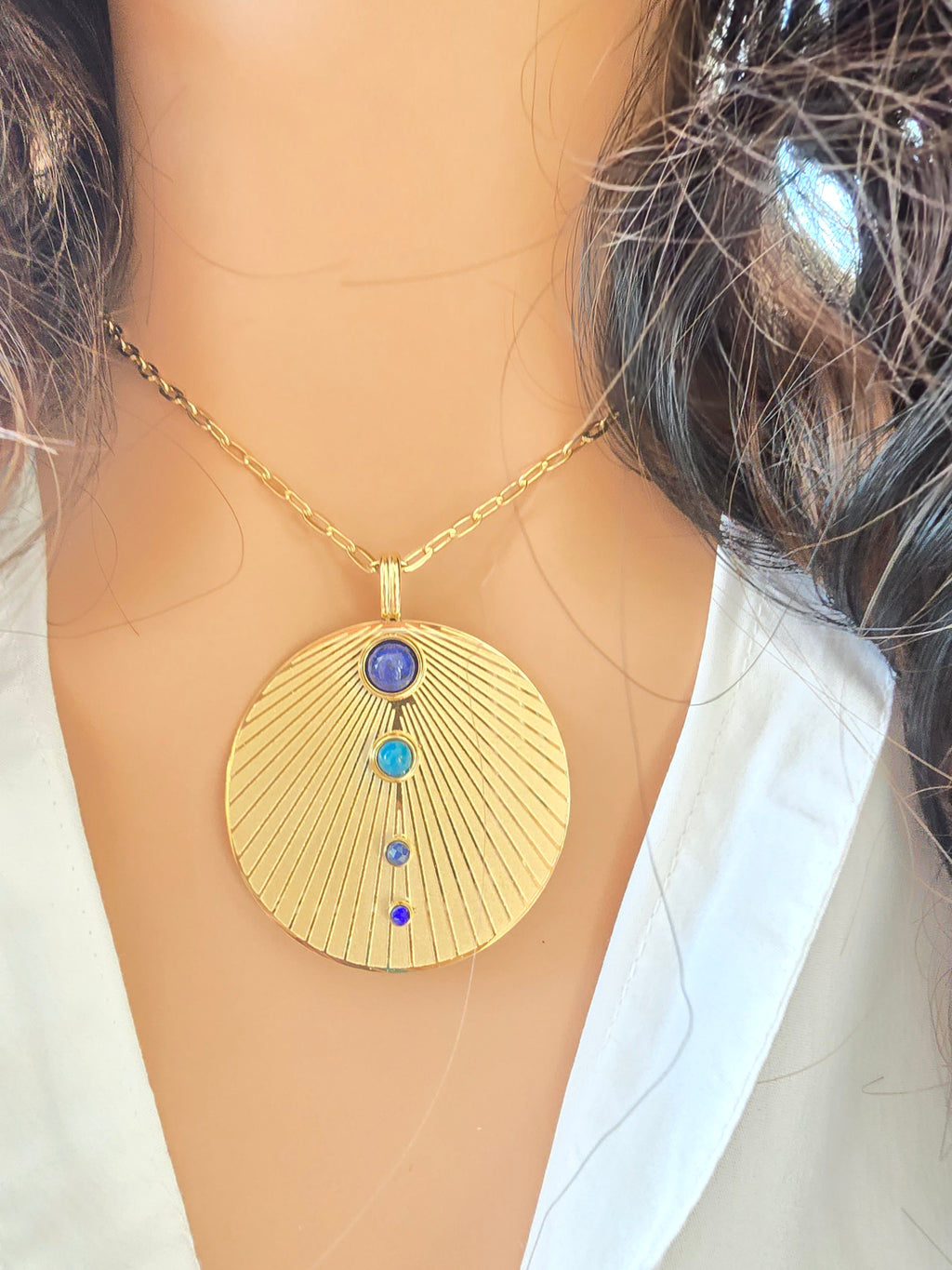 Collier Jack - Sautoir Soleil Rayonnant Œil de Tigre & Agate Bleue | Bohème Or et Ame Bijoux