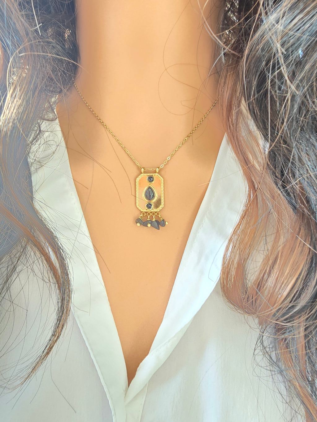 Collier DAVE Ethnique Agate Noire Strass Acier Argenté Or et Ame Bijoux