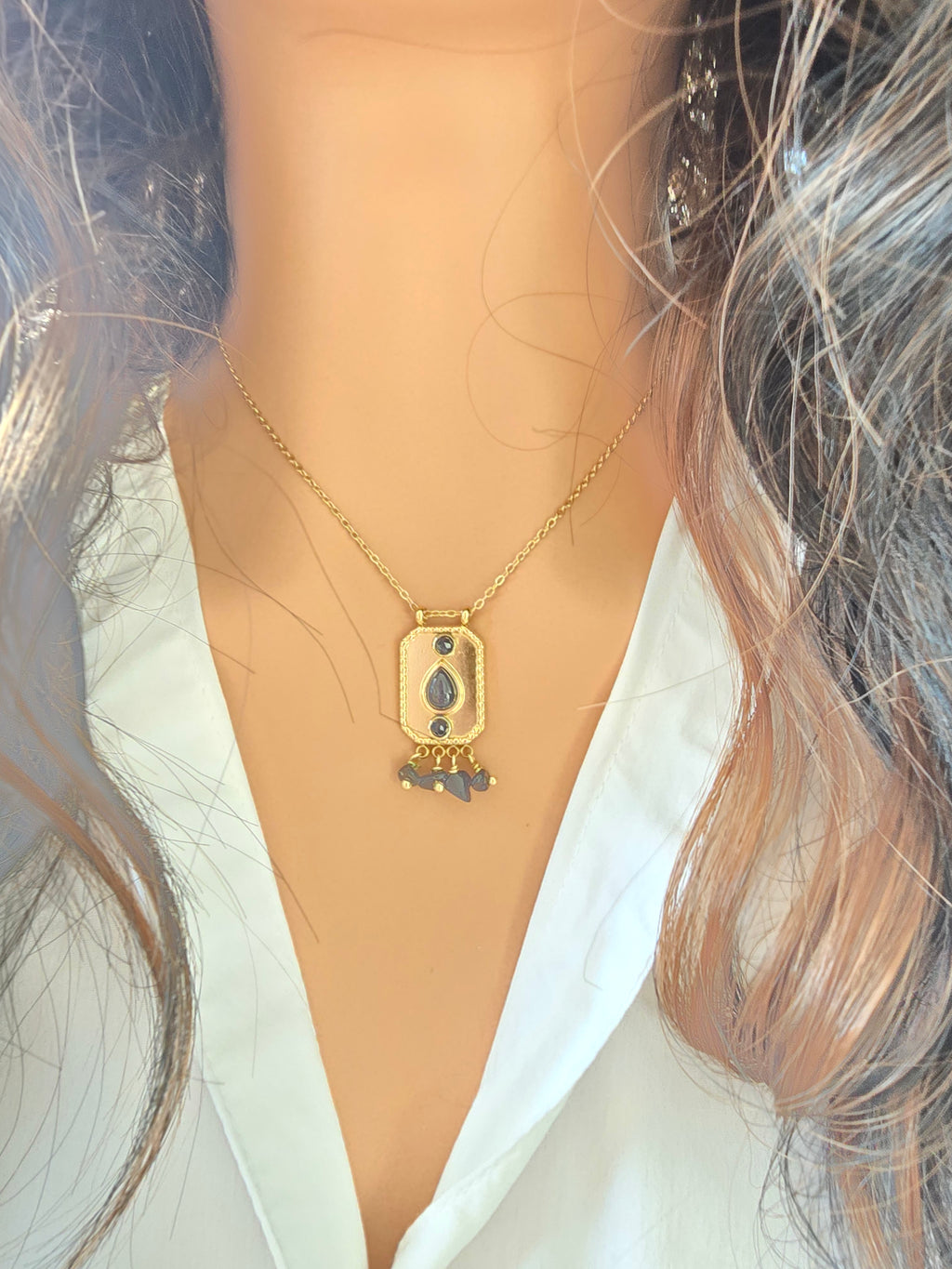 Collier DAVE Ethnique Agate Noire Strass Acier Argenté Or et Ame Bijoux