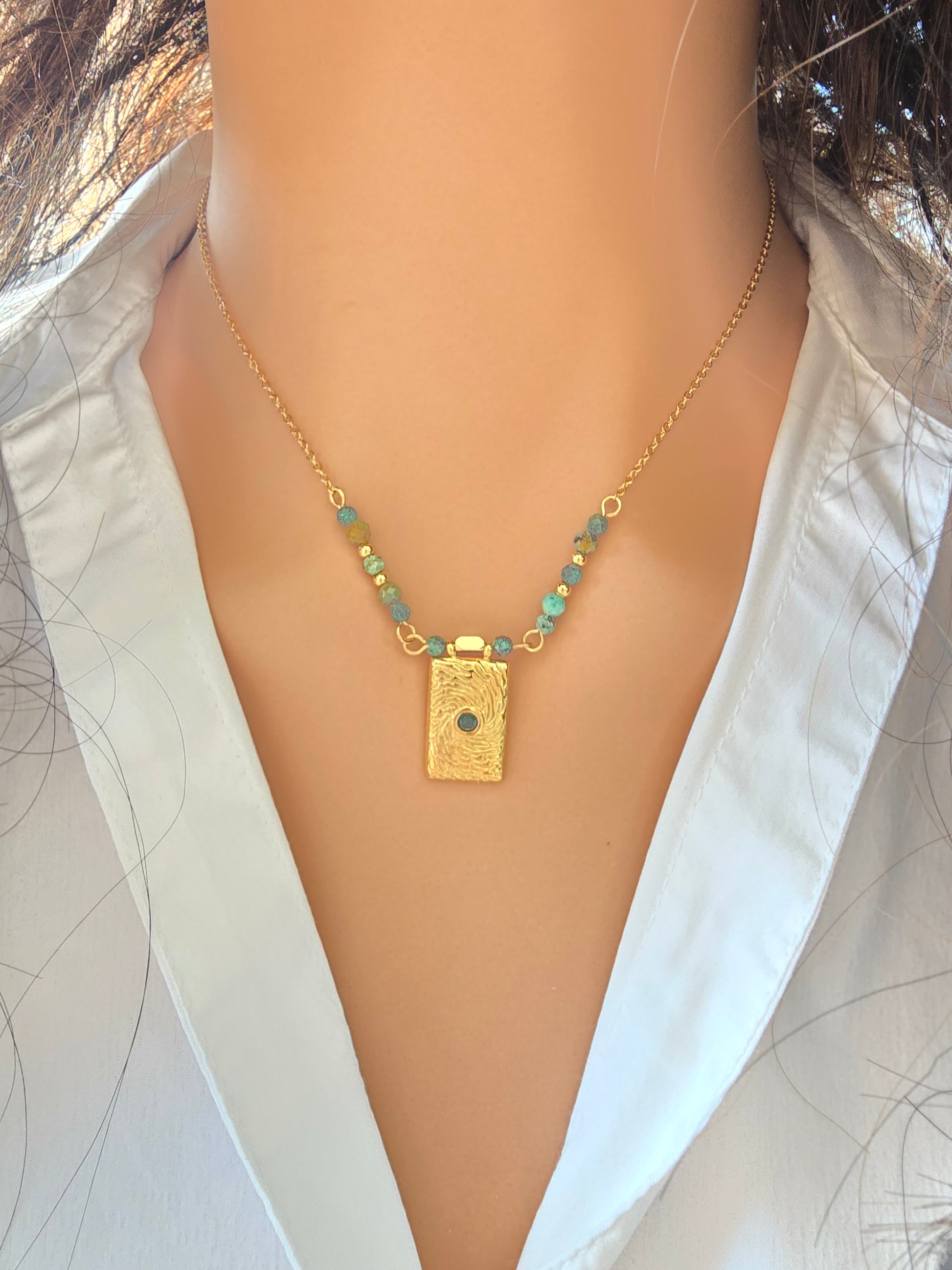 Collier MEDI Empreinte Turquoise Africaine Acier Doré Or et Ame bijoux