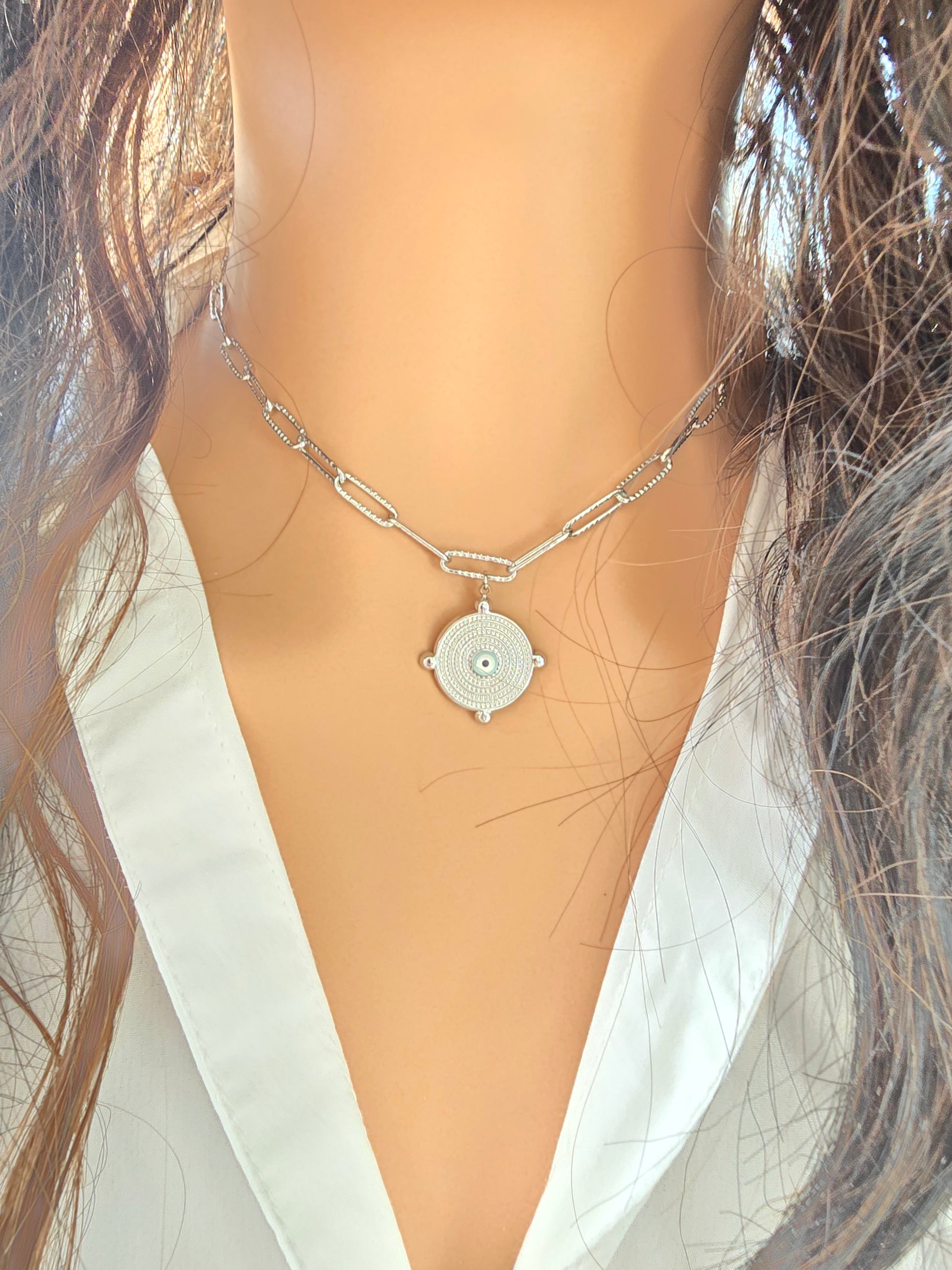 Collier ANDY Empreinte Œil de Protection Acier argenté et Ame Bijoux