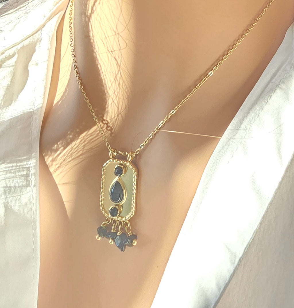 Collier DAVE Ethnique Agate Noire Strass Acier Argenté Or et Ame Bijoux