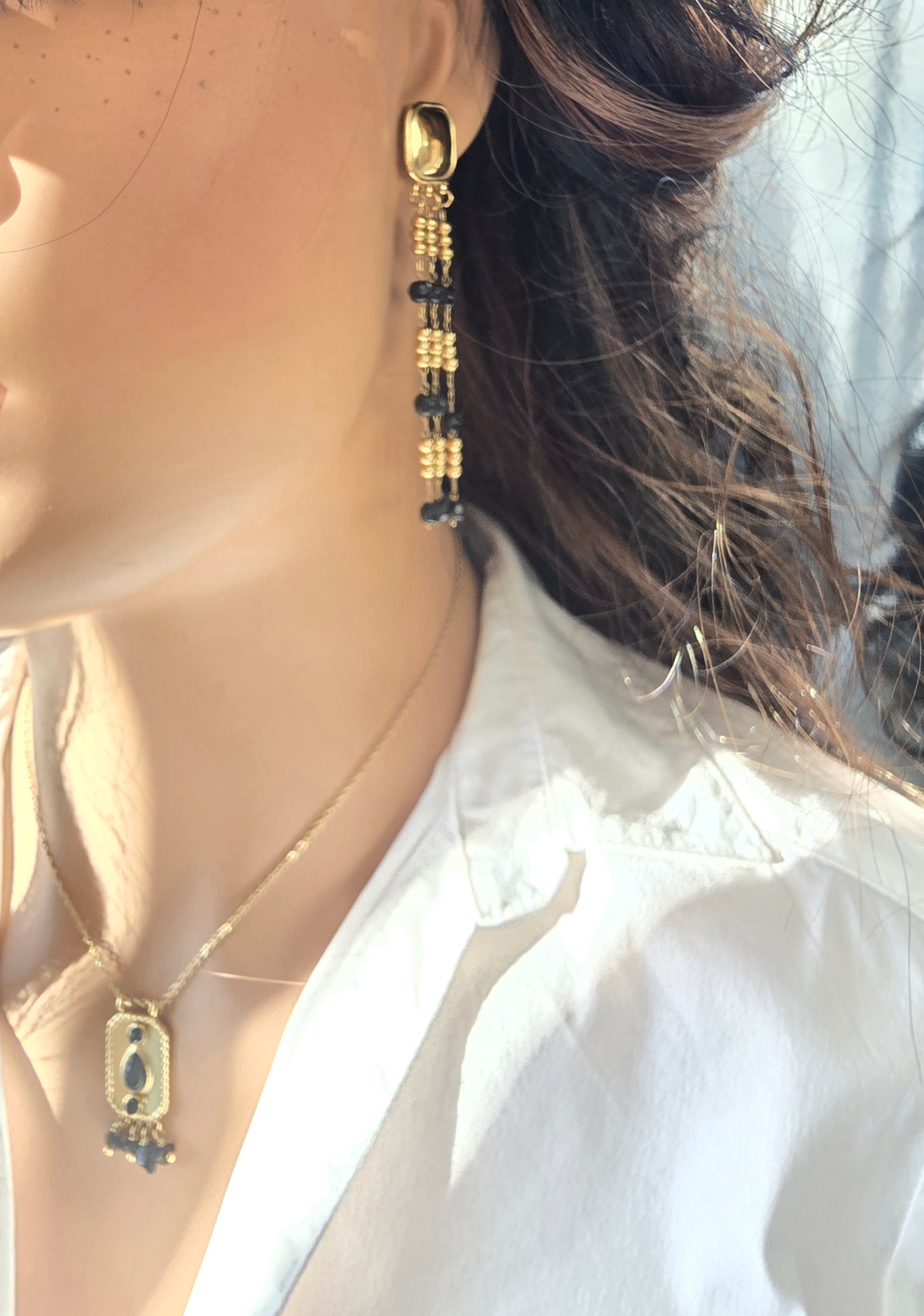 Collier DAVE Ethnique Agate Noire Strass Acier Argenté Or et Ame Bijoux