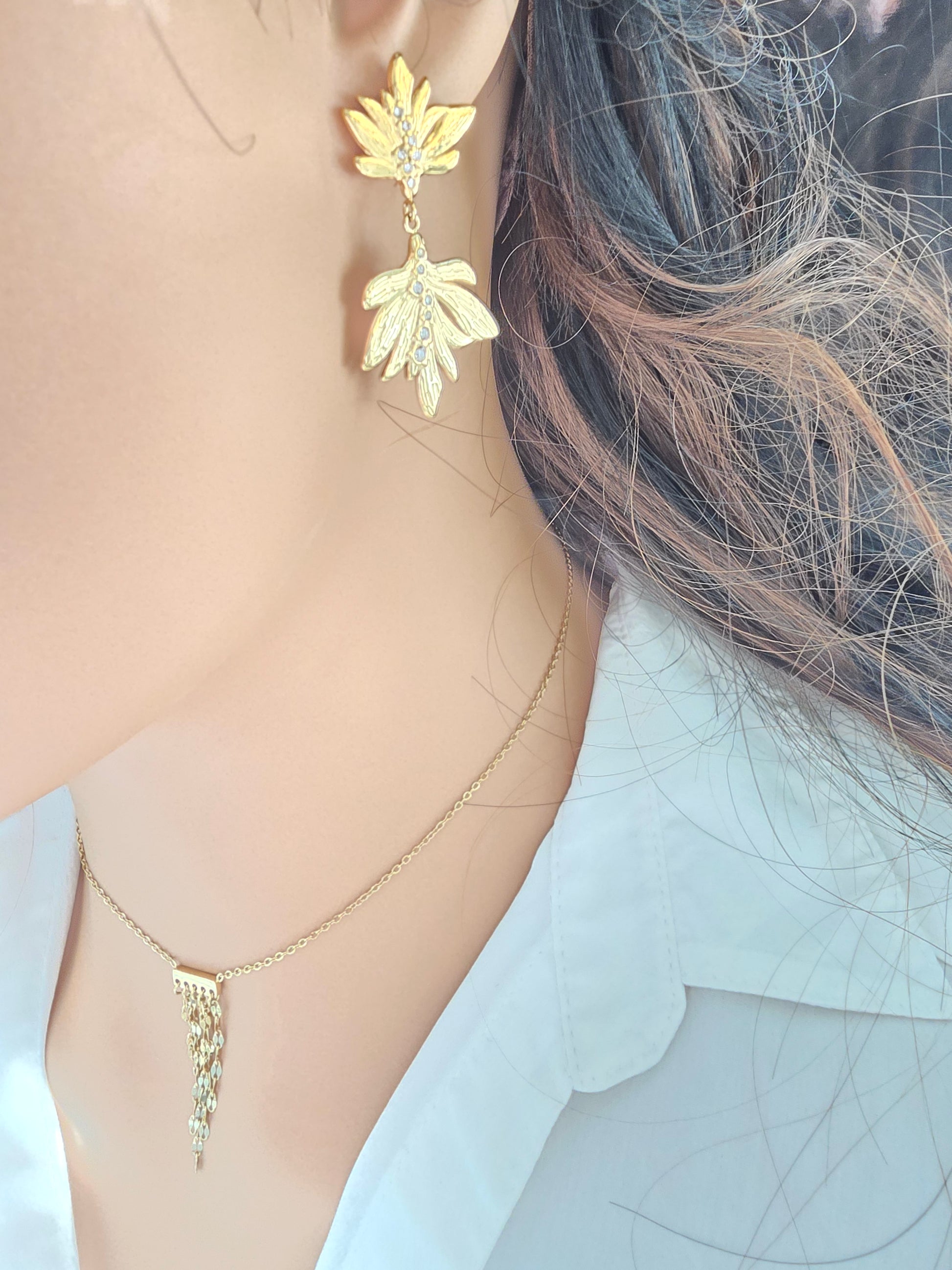 Boucles d'oreilles Cendrine  - Puces Feuilles Zirconium Acier Inoxydable Or et Ame Bijoux