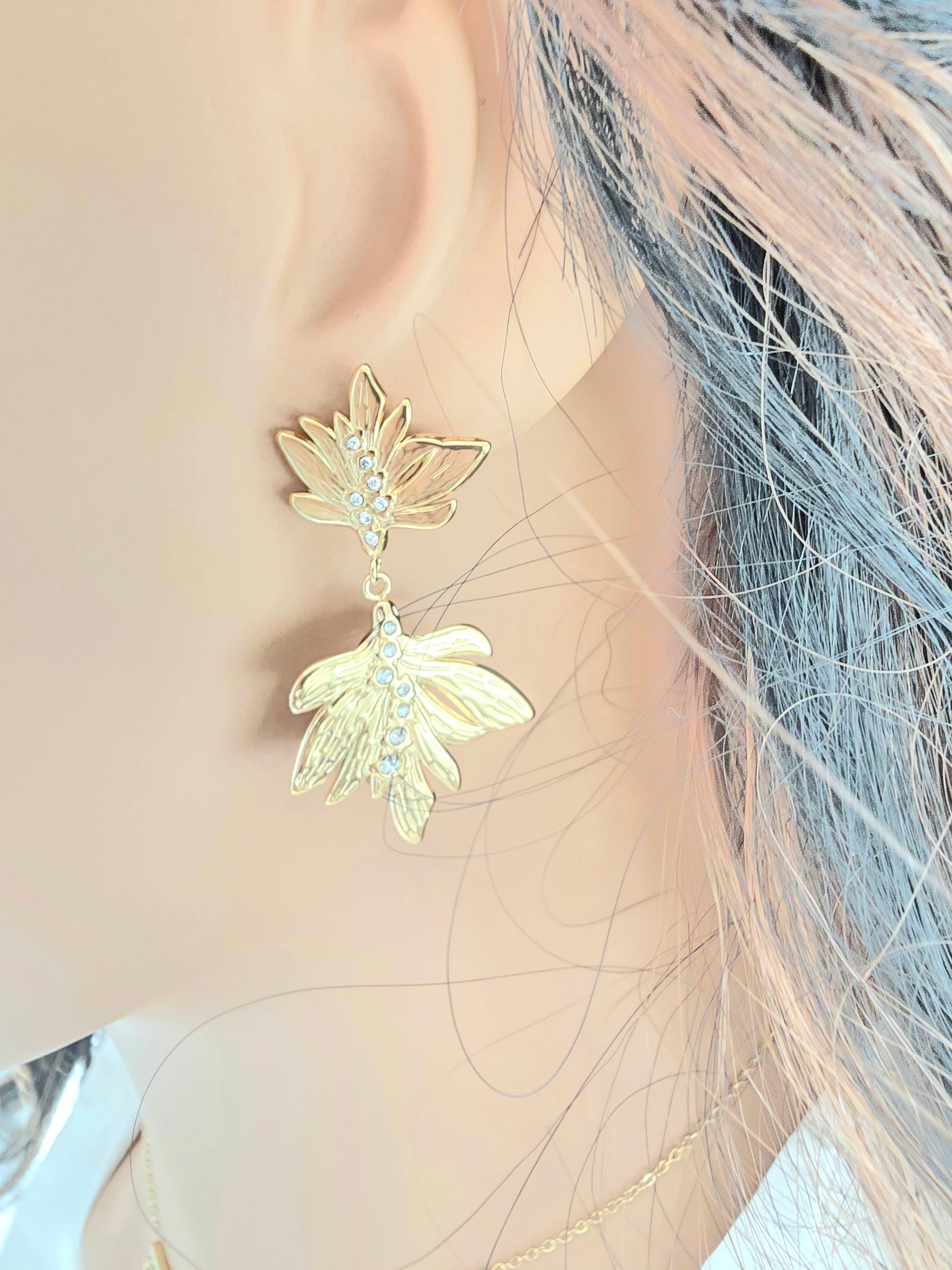 Boucles d'oreilles Cendrine  - Puces Feuilles Zirconium Acier Inoxydable Or et Ame Bijoux