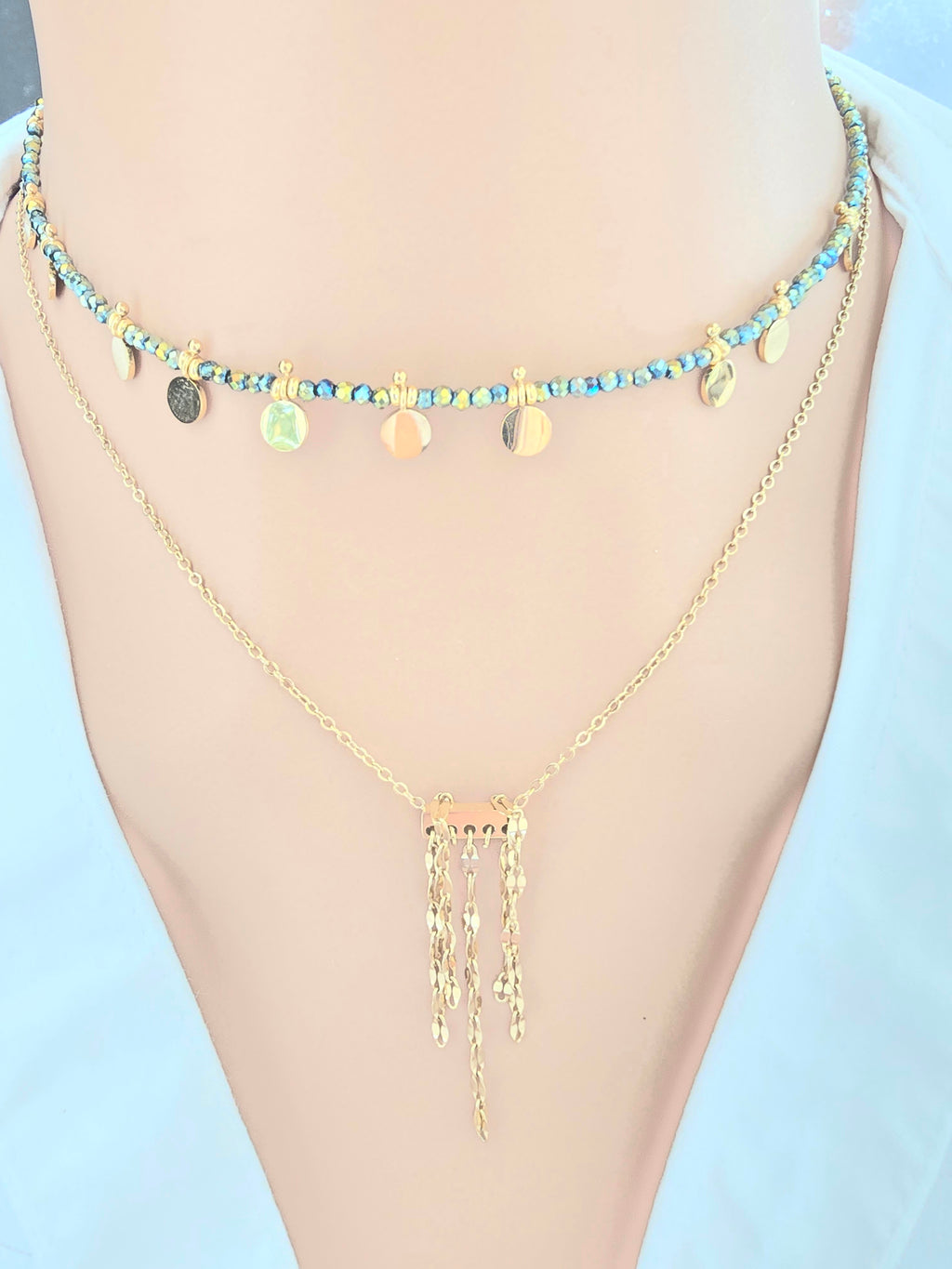 Collier EMILIE - Choker Pâtes de Verre Colorées & Pampilles Acier Inoxydable Or et Ame Bijoux