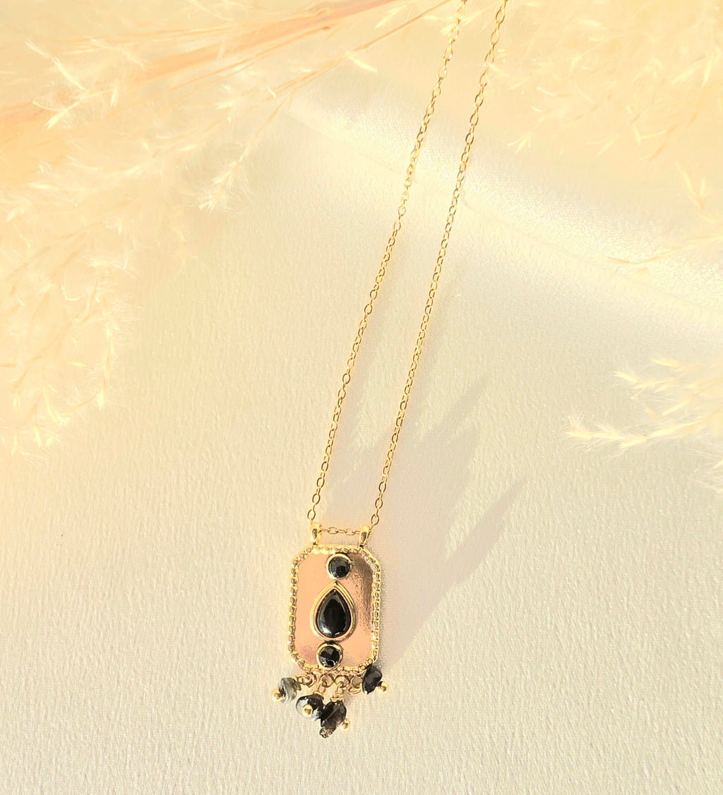 Collier DAVE Ethnique Agate Noire Strass Acier Argenté Or et Ame Bijoux