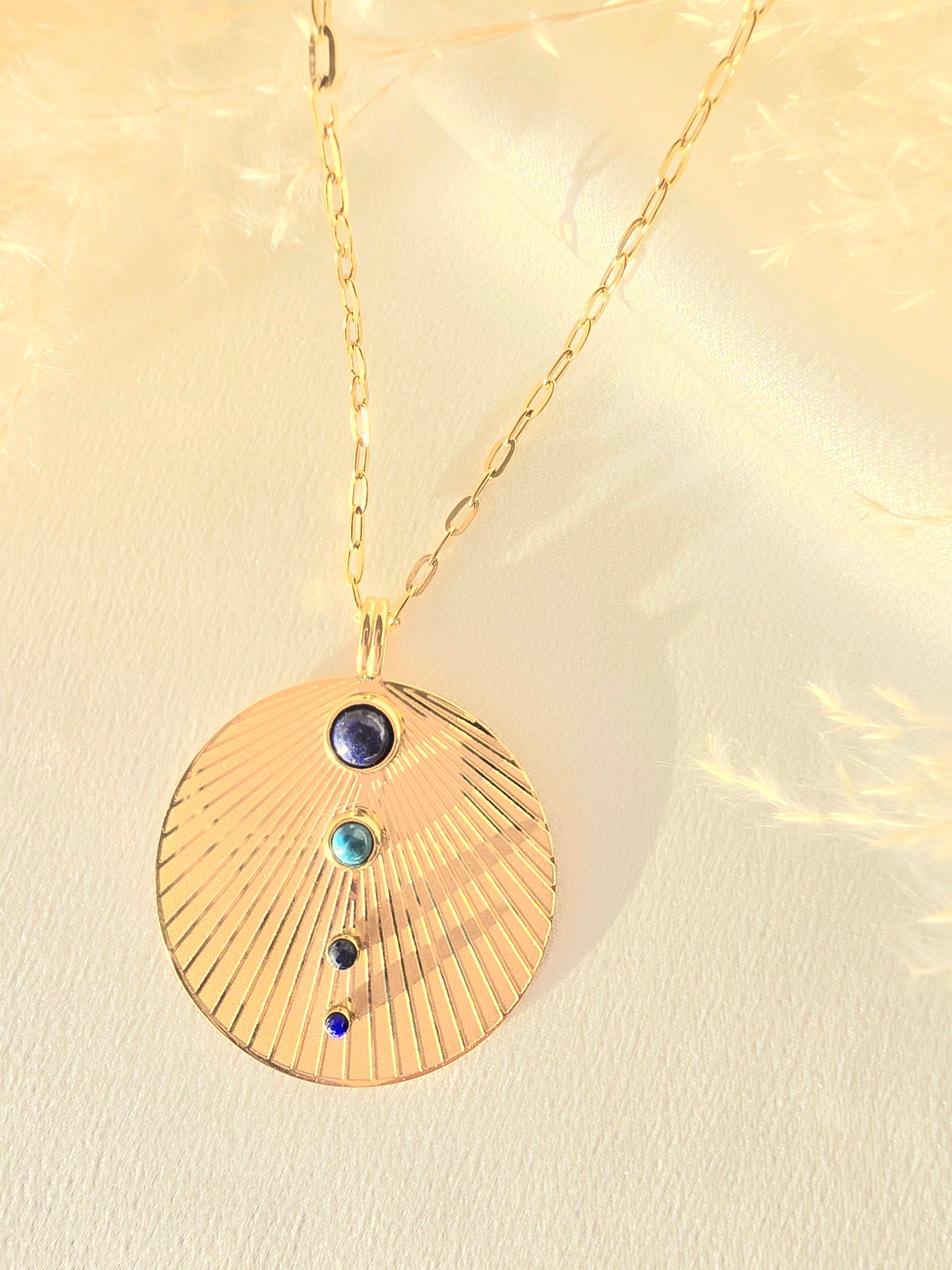 Collier Jack - Sautoir Soleil Rayonnant Œil de Tigre & Agate Bleue | Bohème Or et Ame Bijoux