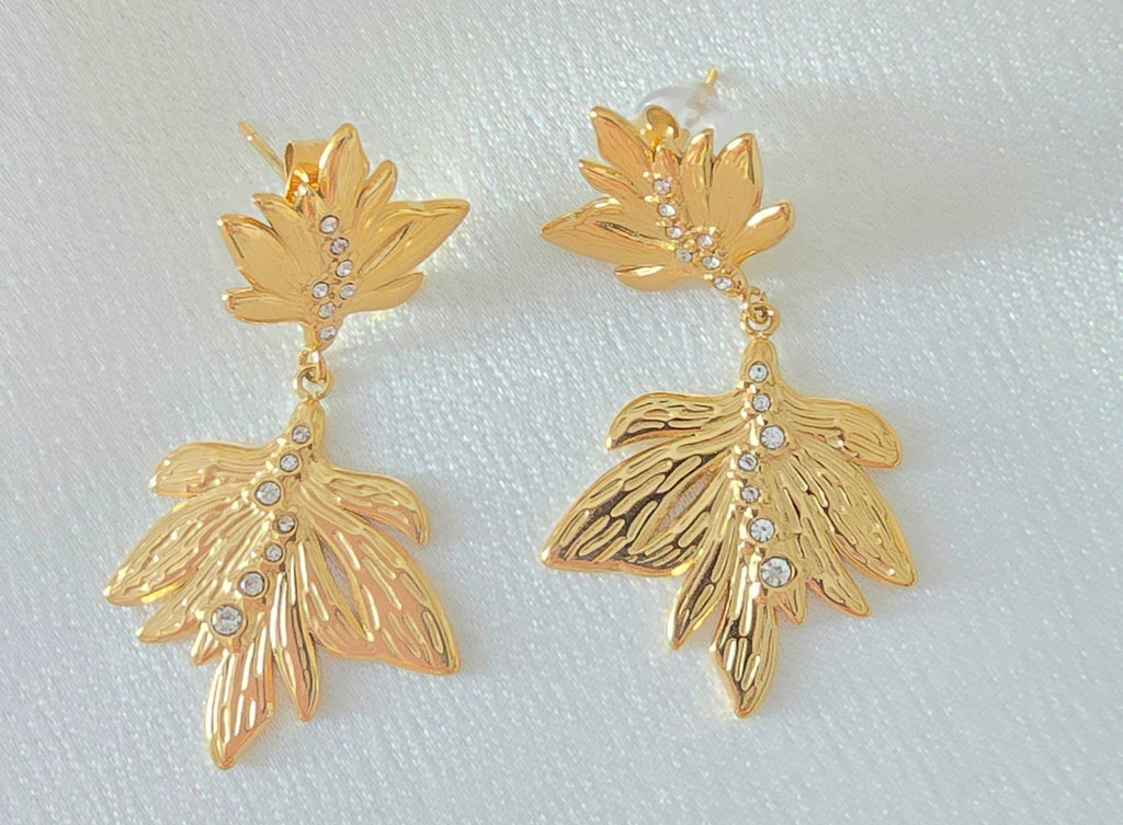 Boucles d'oreilles Cendrine  - Puces Feuilles Zirconium Acier Inoxydable Or et Ame Bijoux