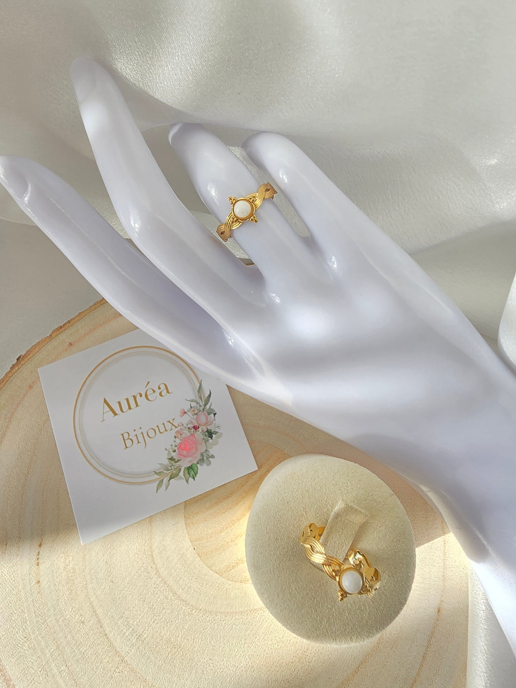 Bague DANA Pierre Naturelle - Quartz Rose & Nacre | Or et Ame Bijoux