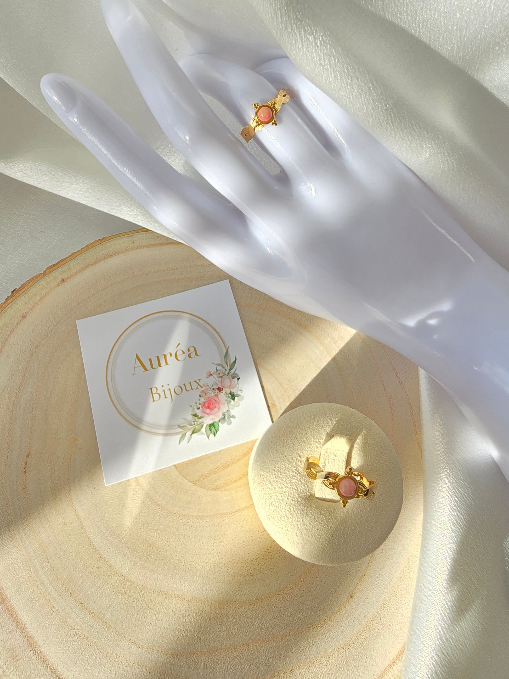 Bague DANA Pierre Naturelle - Quartz Rose & Nacre | Or et Ame Bijoux