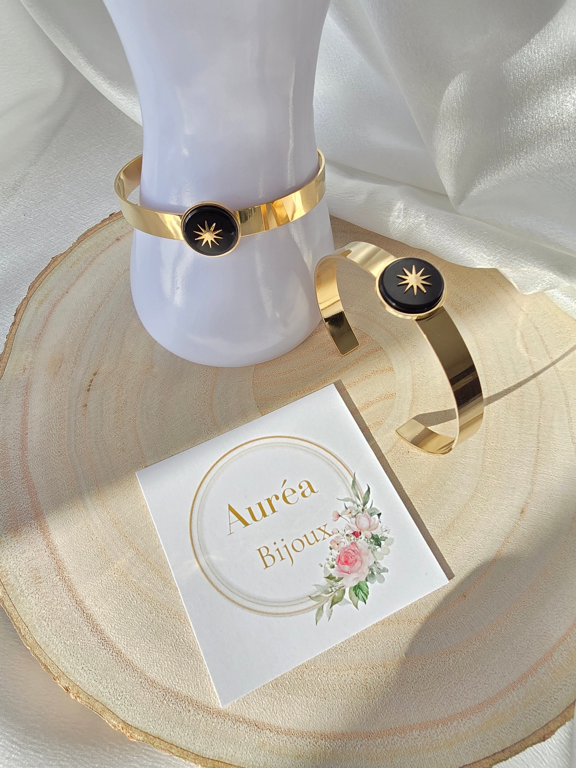 Jonc LINE Agate Noire Étoile du Nord - Pierre Naturelle 15mm | Or et Ame bijoux