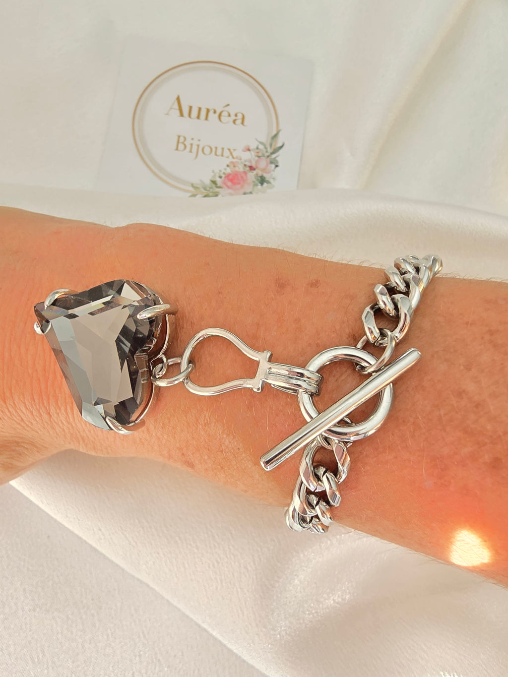 Bracelet RACHEL - Chaîne Gourmette & Cœur Cristal  | Or et Ame Bijoux