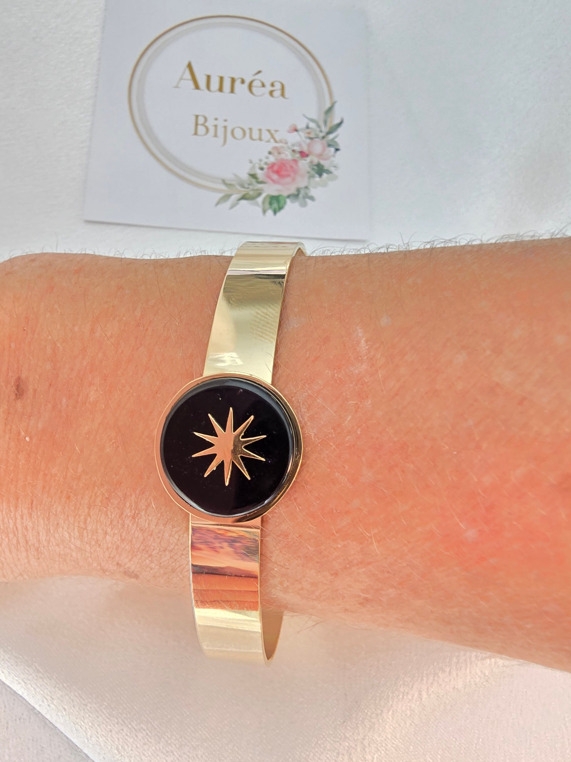 Jonc LINE Agate Noire Étoile du Nord - Pierre Naturelle 15mm | Or et Ame bijoux