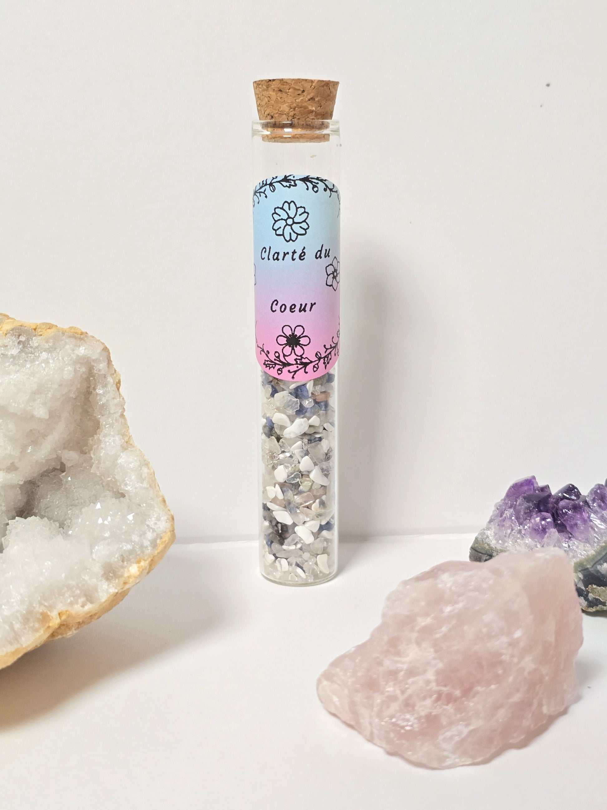 Fiole Clarté du Cœur - Cristal de Roche, Sodalite, Howlite & Quartz Rose