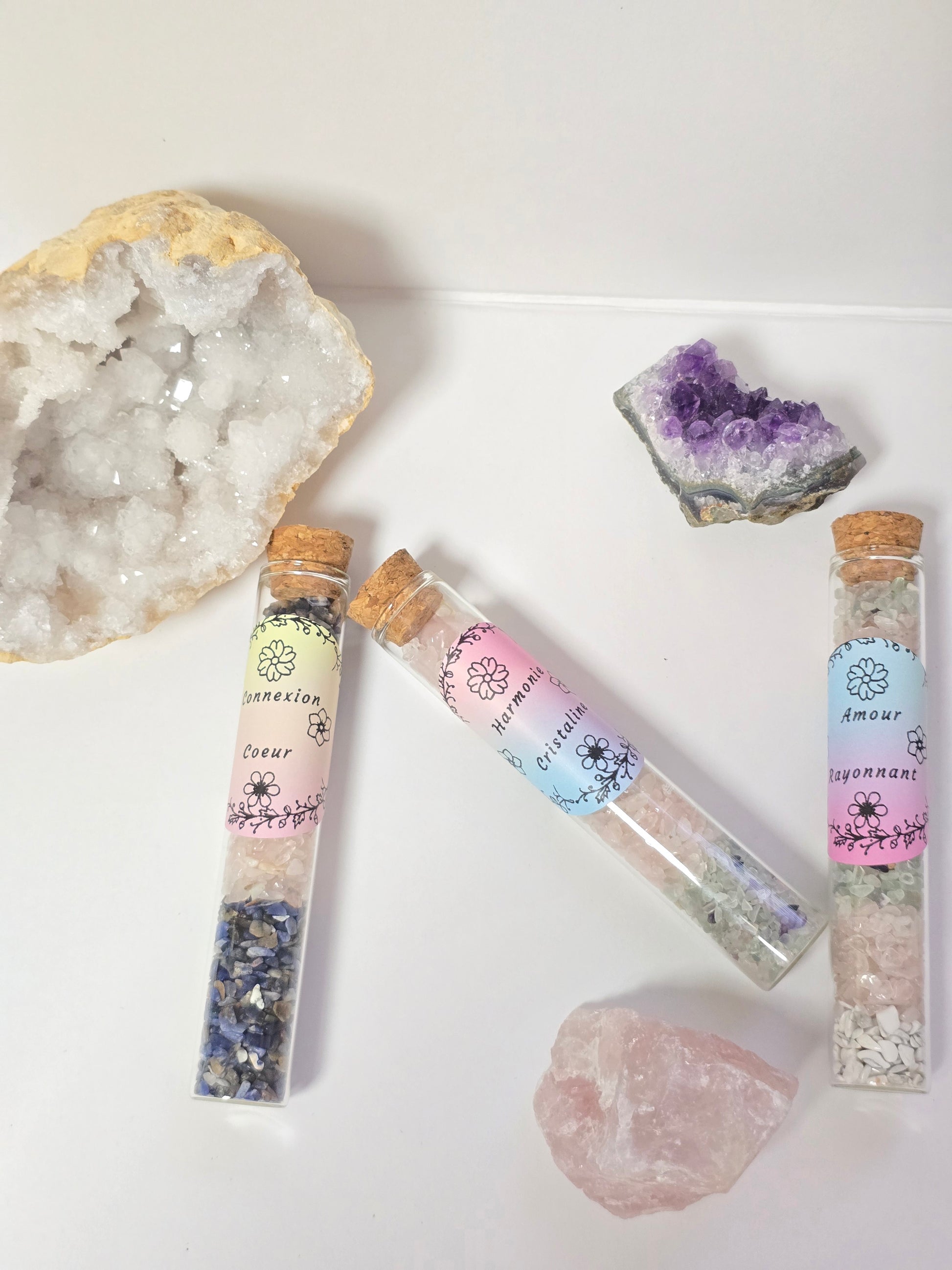 Fiole Harmonie Cristalline - Fluorite & Quartz Rose - Équilibre Émotionnel