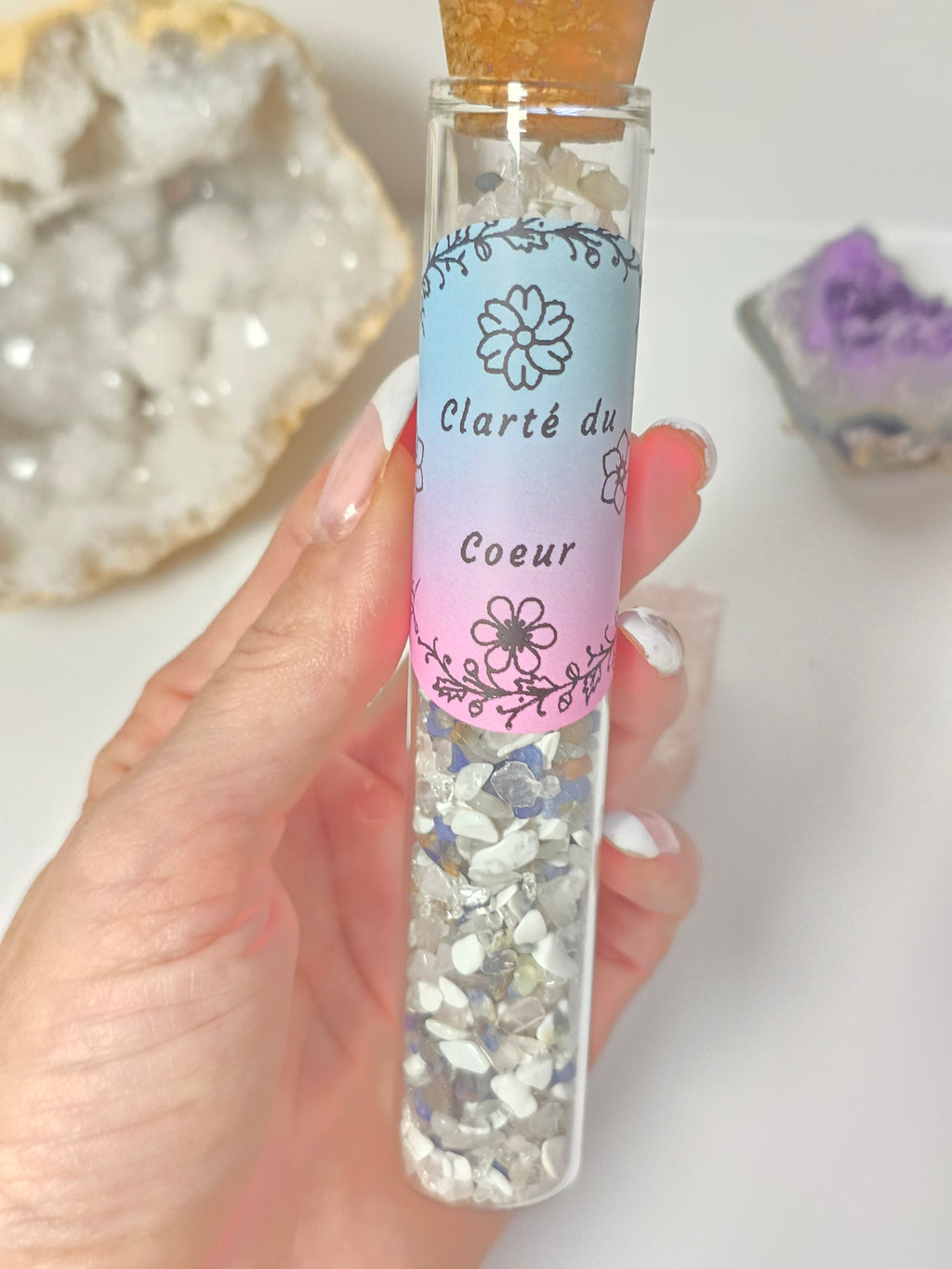 Fiole Clarté du Cœur - Cristal de Roche, Sodalite, Howlite & Quartz Rose
