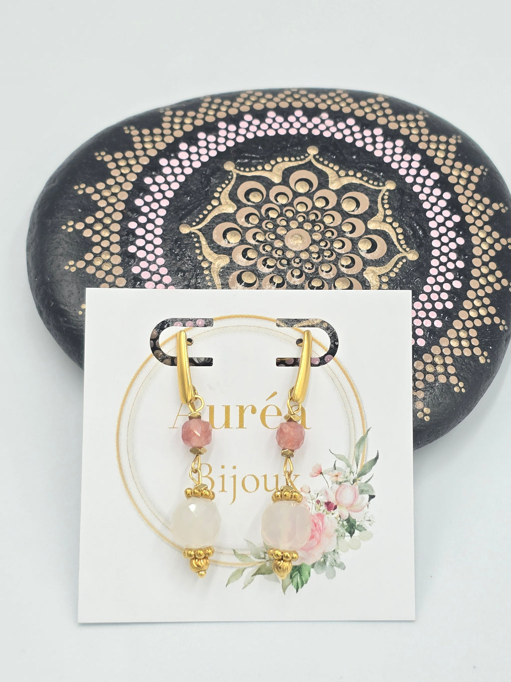 Boucles d'Oreilles KAEL Pendantes Quartz Rose Cristal Roche Lépidolite | Or et Âme Bijoux