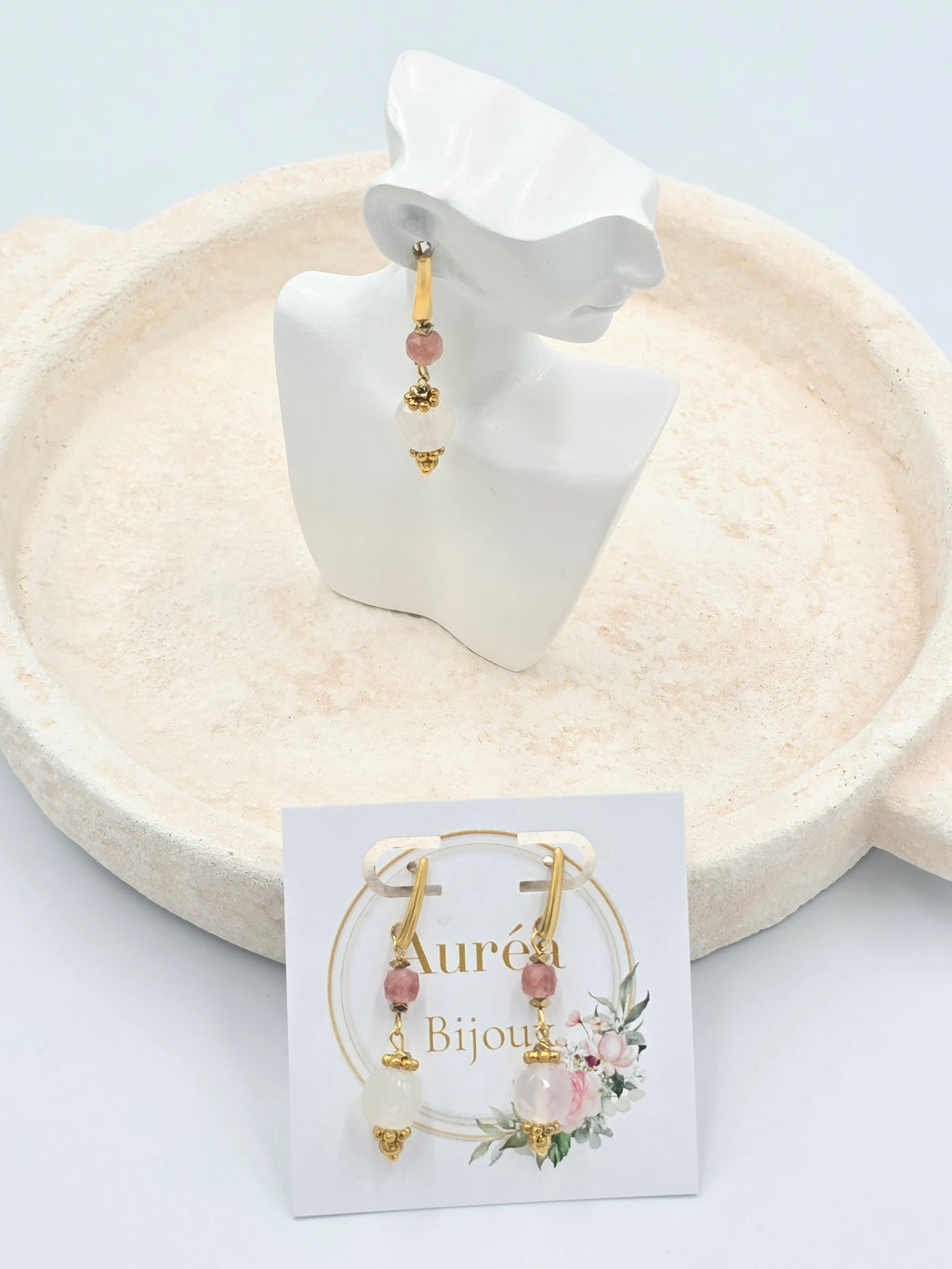 Boucles d'Oreilles KAEL Pendantes Quartz Rose Cristal Roche Lépidolite | Or et Âme Bijoux