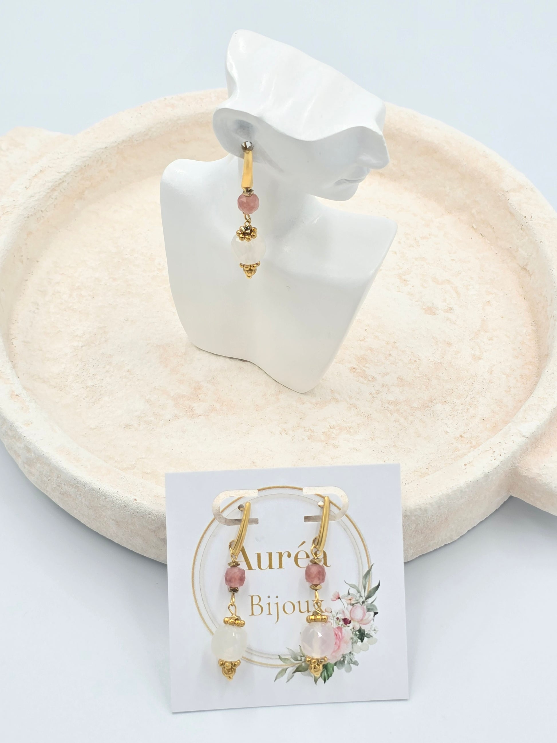 Boucles d'Oreilles KAEL Pendantes Quartz Rose Cristal Roche Lépidolite | Or et Âme Bijoux