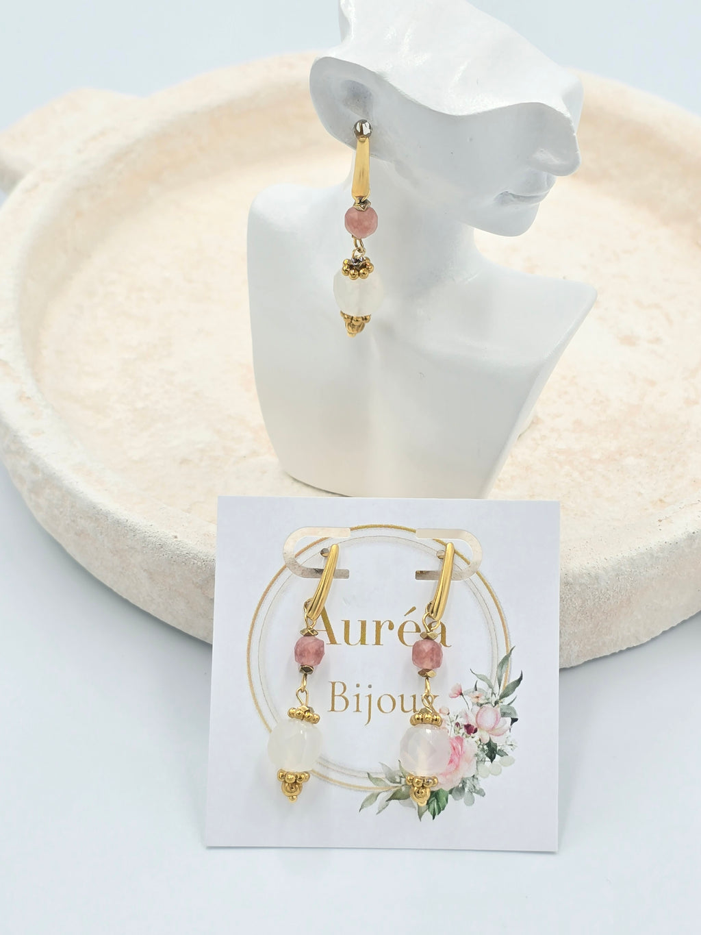 Boucles d'Oreilles KAEL Pendantes Quartz Rose Cristal Roche Lépidolite | Or et Âme Bijoux