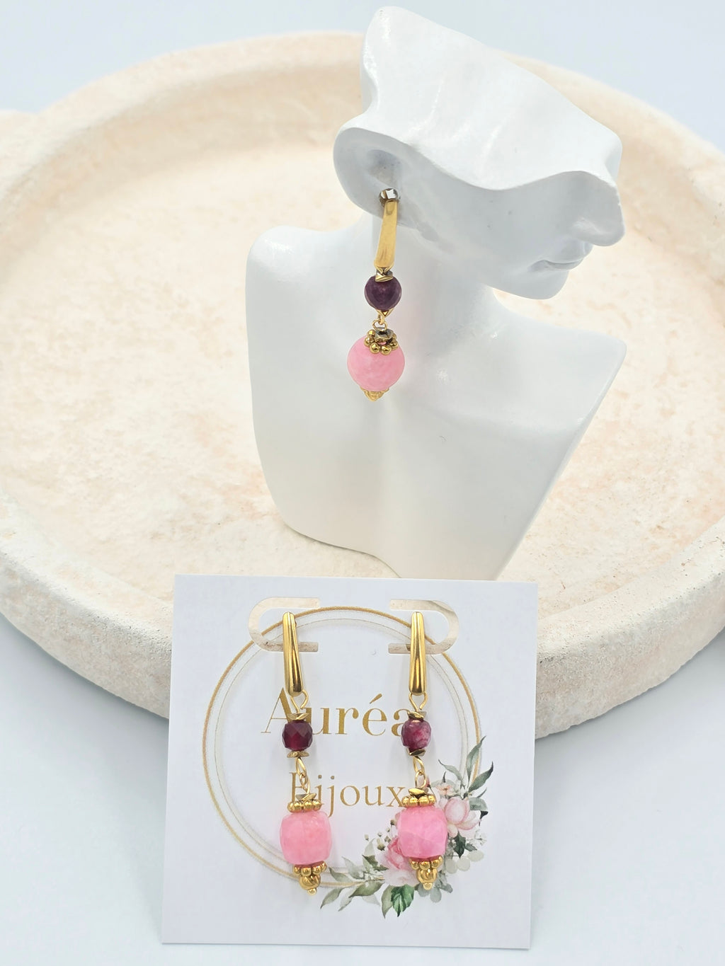 Boucles d'Oreilles KAEL Pendantes Quartz Rose Cristal Roche Lépidolite | Or et Âme Bijoux