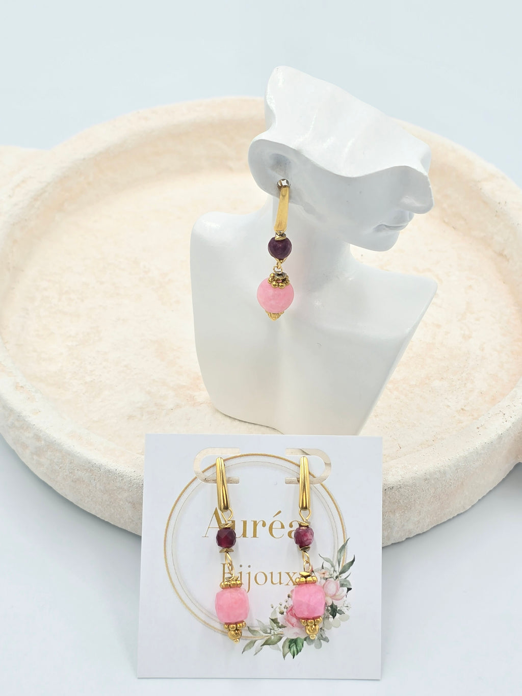 Boucles d'Oreilles KAEL Pendantes Quartz Rose Cristal Roche Lépidolite | Or et Âme Bijoux