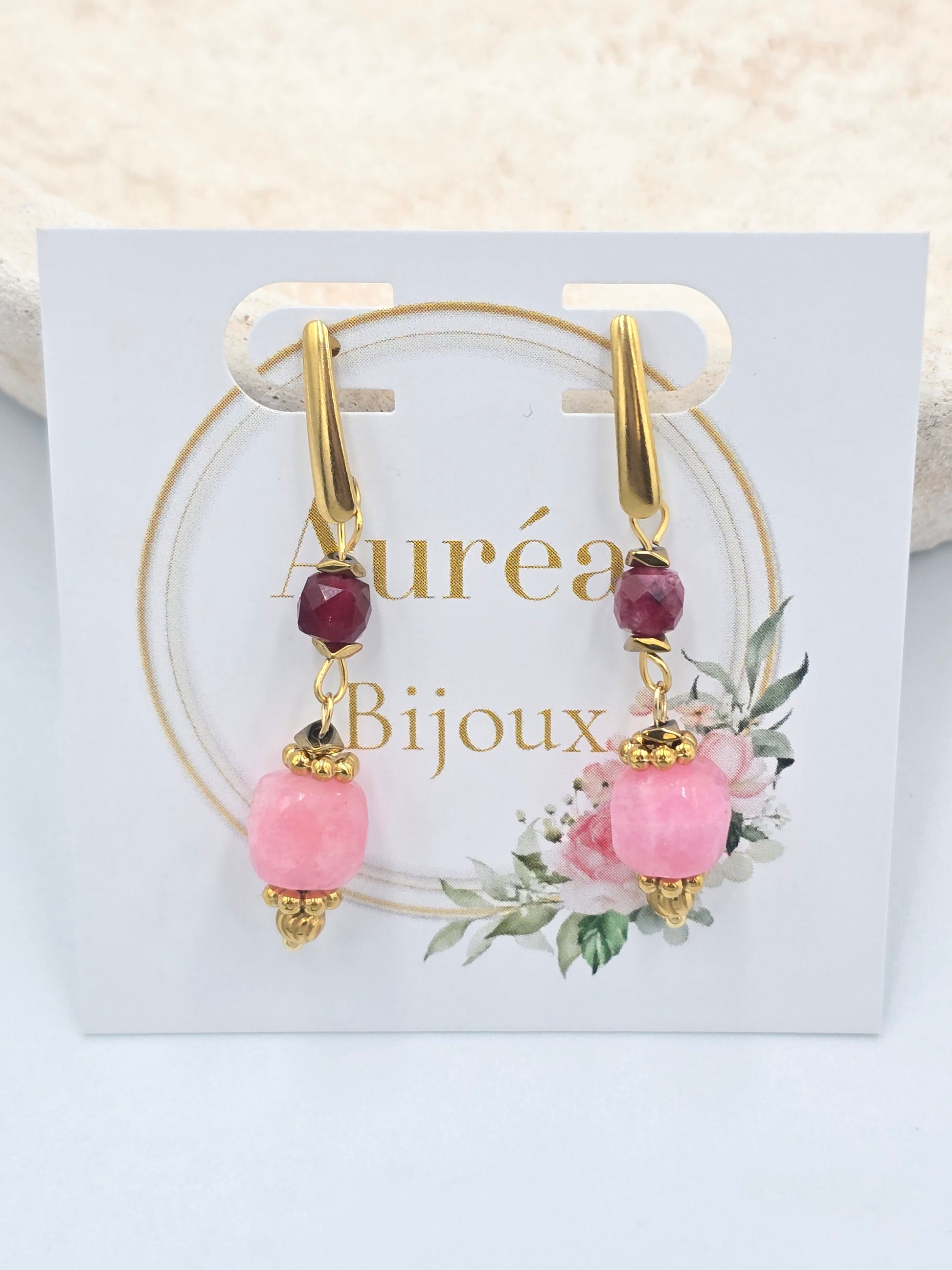 Boucles d'Oreilles KAEL Pendantes Quartz Rose Cristal Roche Lépidolite | Or et Âme Bijoux
