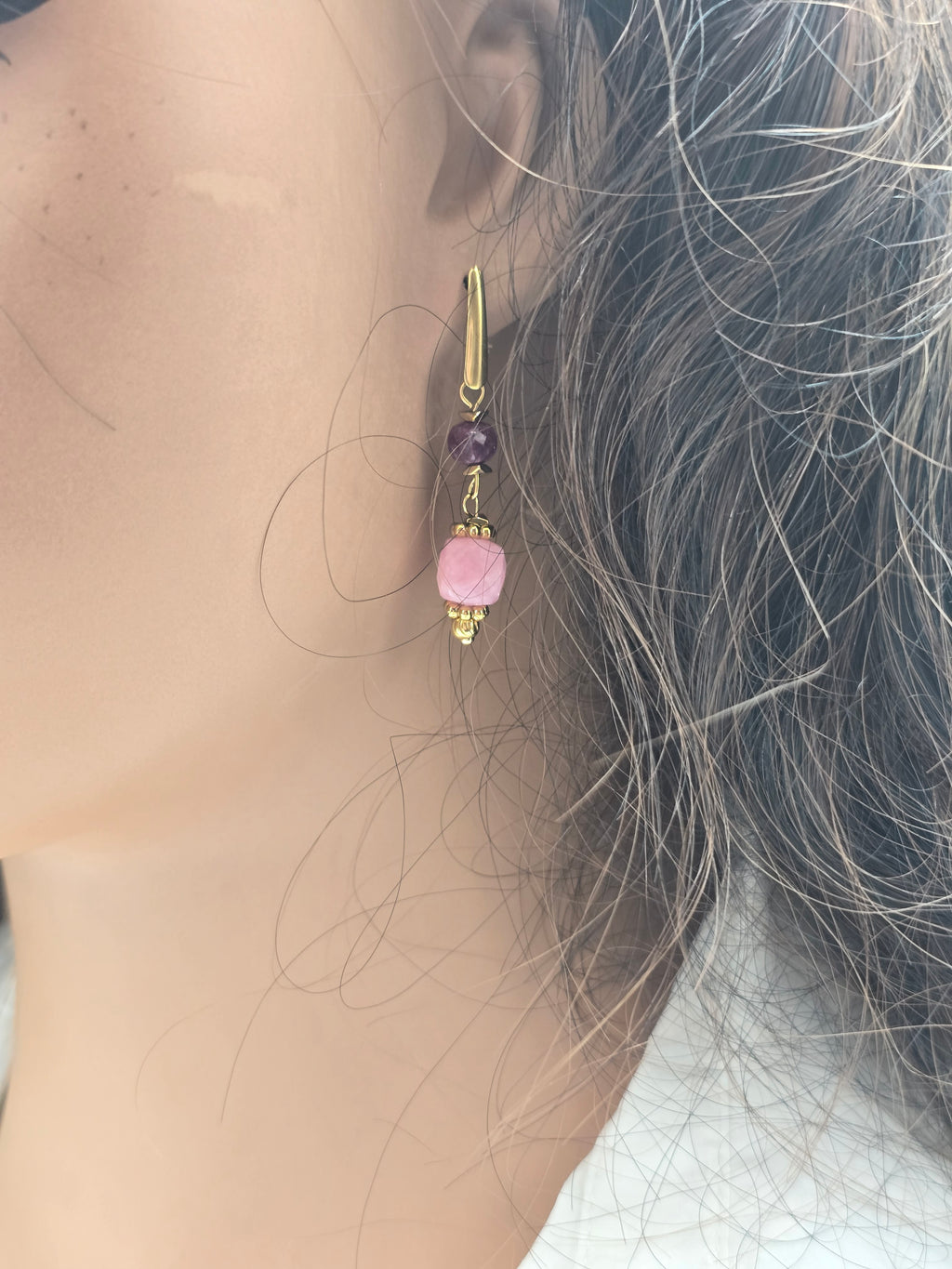 Boucles d'Oreilles KAEL Pendantes Quartz Rose Cristal Roche Lépidolite | Or et Âme Bijoux