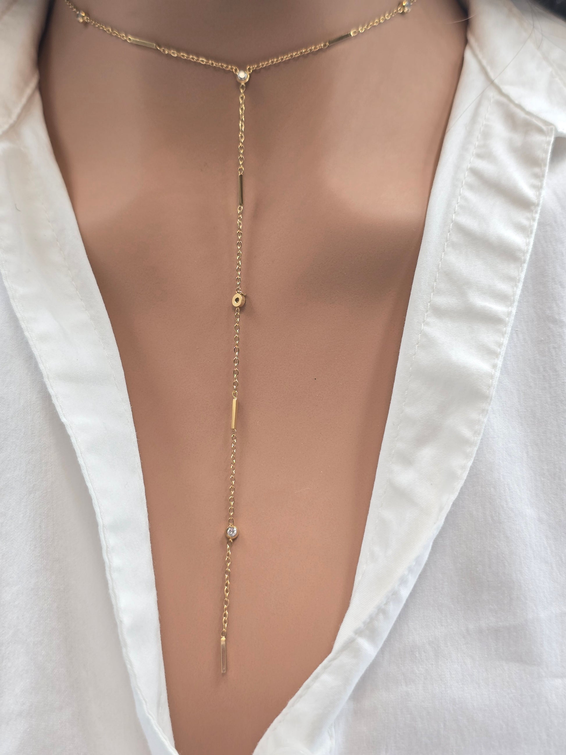 Collier ELIANE Forme Y Perles Dorées Oxyde de Zirconium Acier Inoxydable | Or et Âme Bijoux