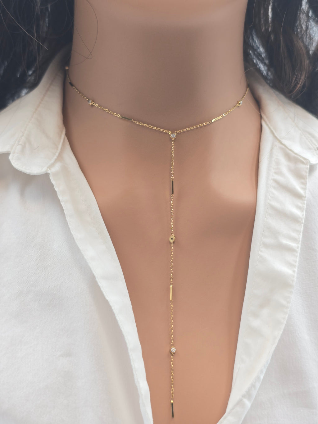 Collier ELIANE Forme Y Perles Dorées Oxyde de Zirconium Acier Inoxydable | Or et Âme Bijoux