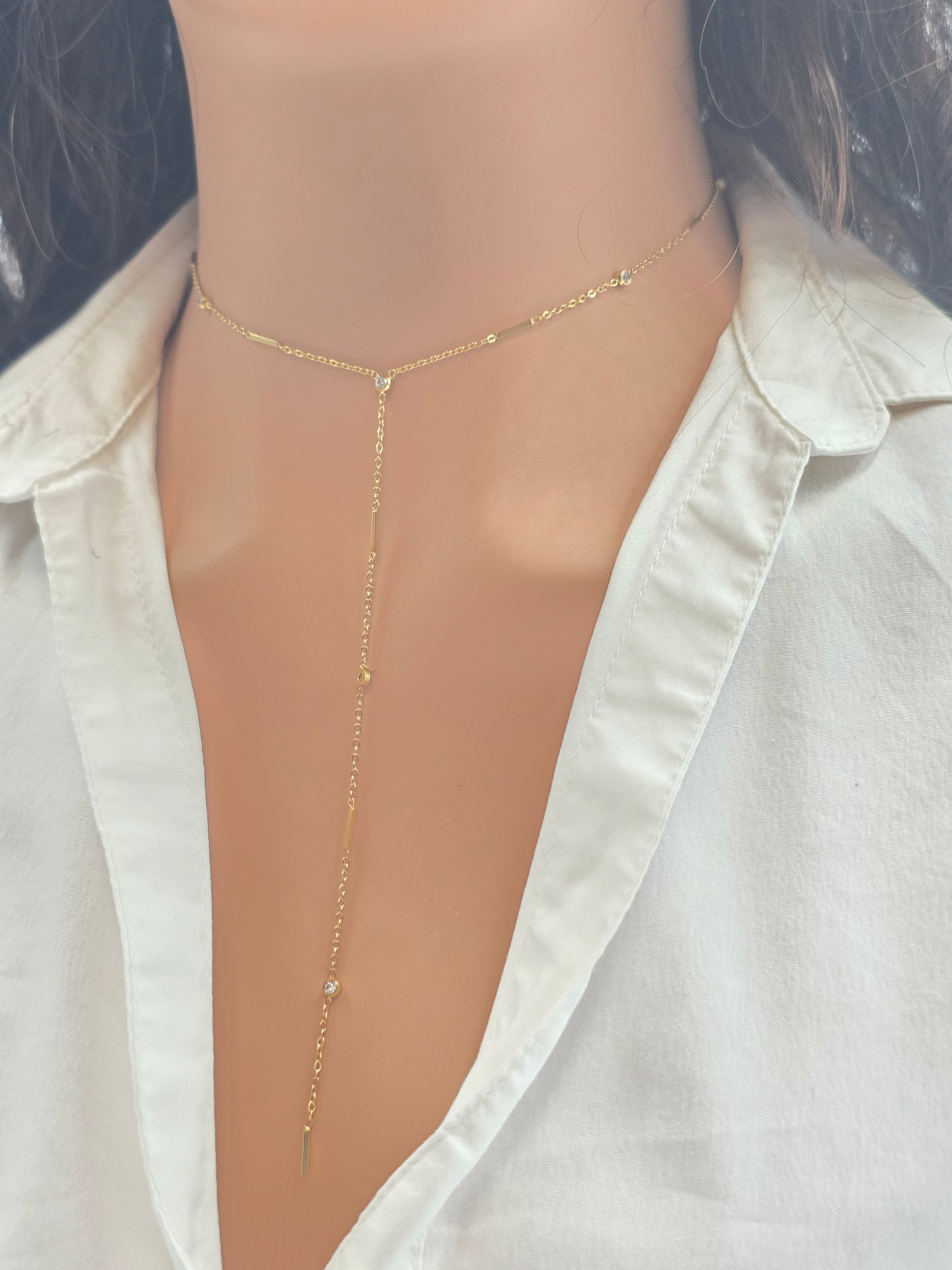 Collier ELIANE Forme Y Perles Dorées Oxyde de Zirconium Acier Inoxydable | Or et Âme Bijoux