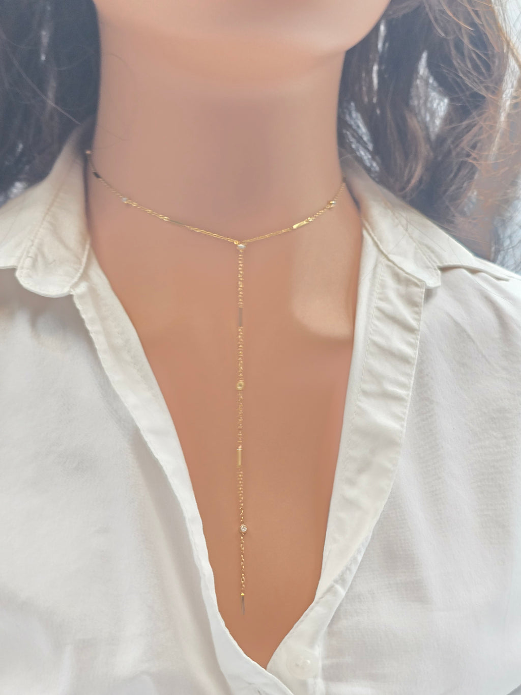 Collier ELIANE Forme Y Perles Dorées Oxyde de Zirconium Acier Inoxydable | Or et Âme Bijoux