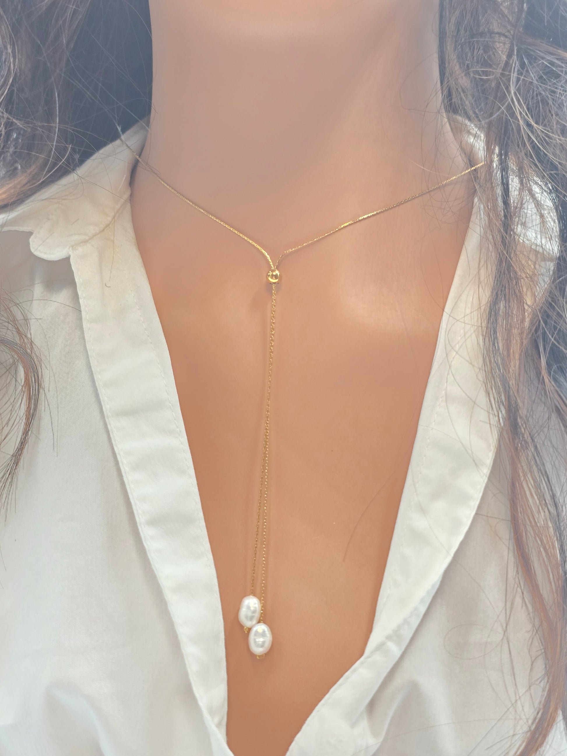 Collier DARCY Long Y Perles d'Eau Douce Acier Inoxydable Doré | Or et Âme Bijoux