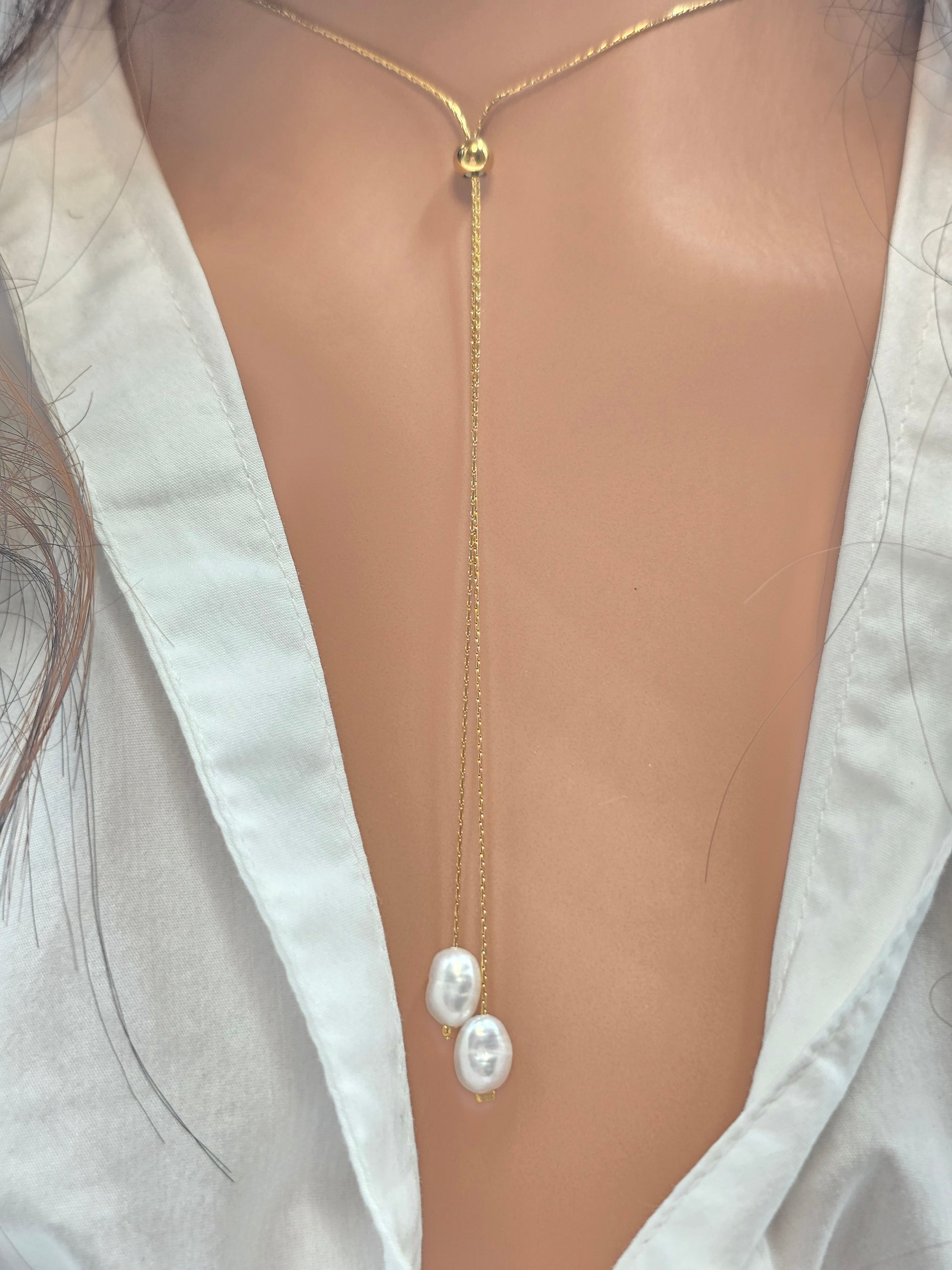 Collier DARCY Long Y Perles d'Eau Douce Acier Inoxydable Doré | Or et Âme Bijoux