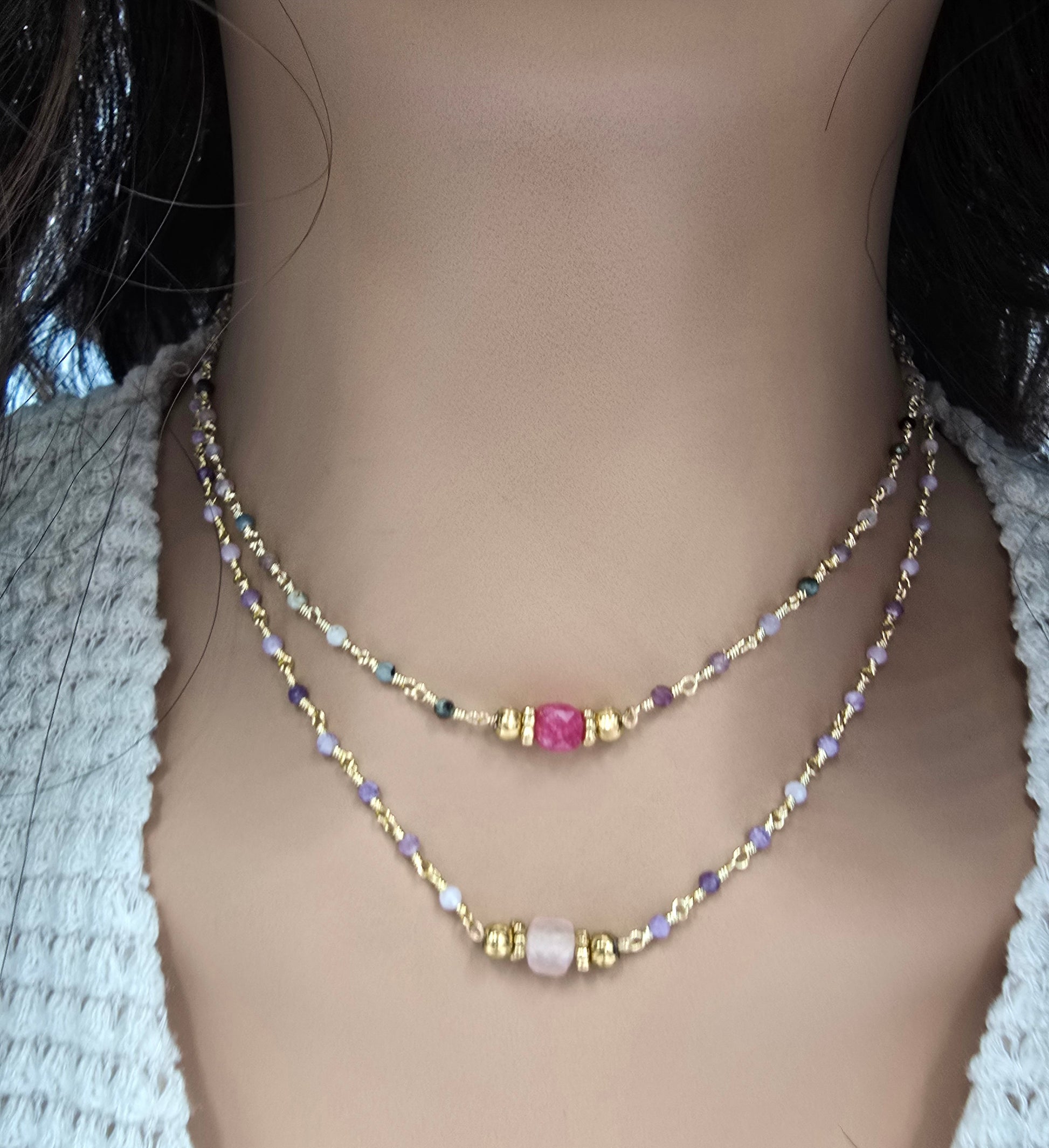 Collier MAHA Améthyste Tourmaline Acier Inoxydable Doré | Or et Âme Bijoux