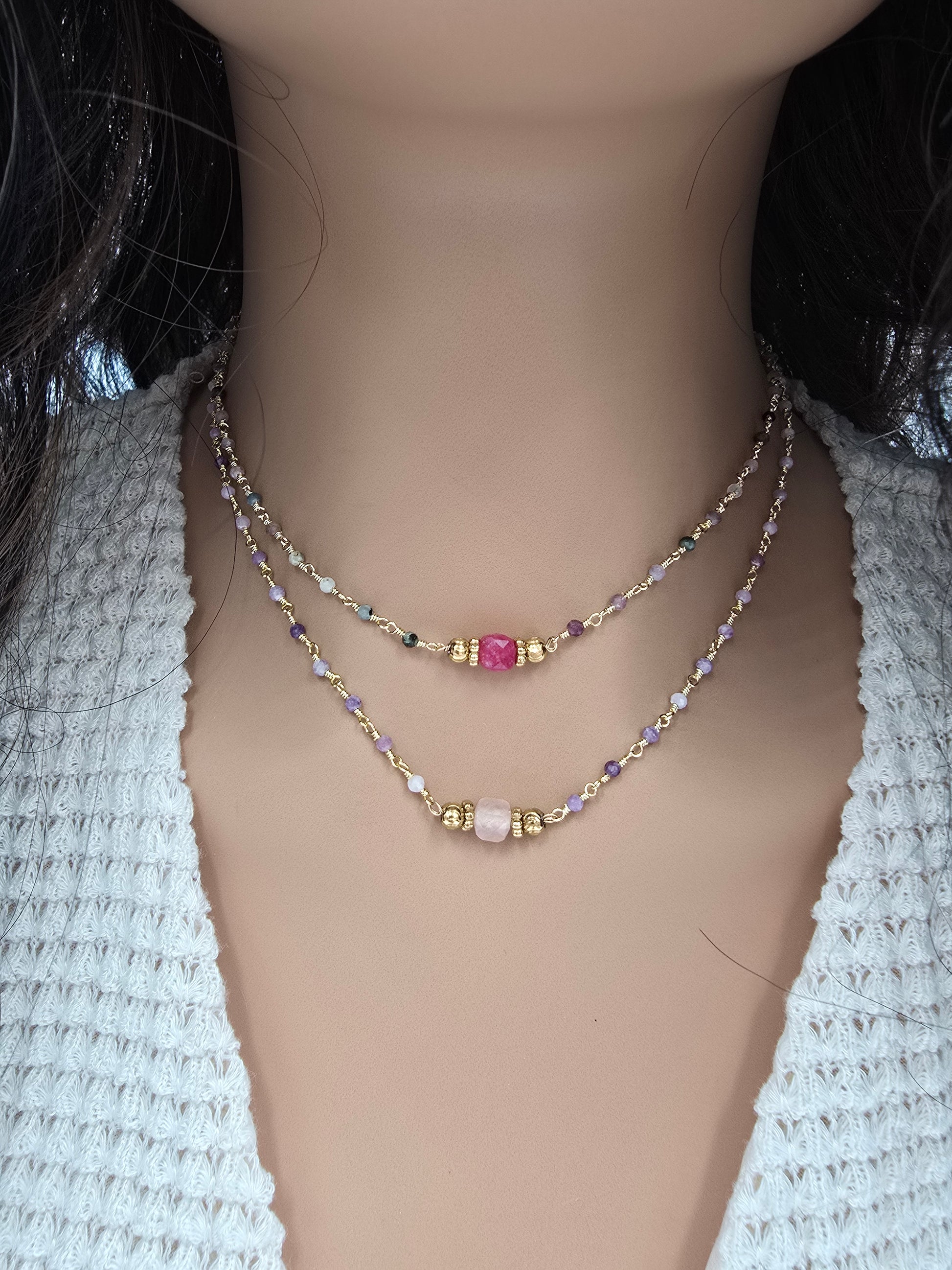 Collier MAHA Améthyste Tourmaline Acier Inoxydable Doré | Or et Âme Bijoux