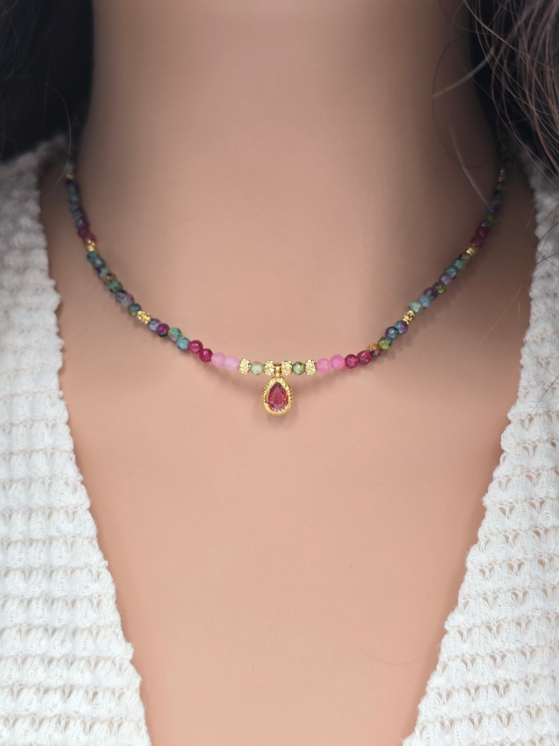 Tourmaline Colorée Oxyde de Zirconium Rose Acier Inoxydable Doré 
